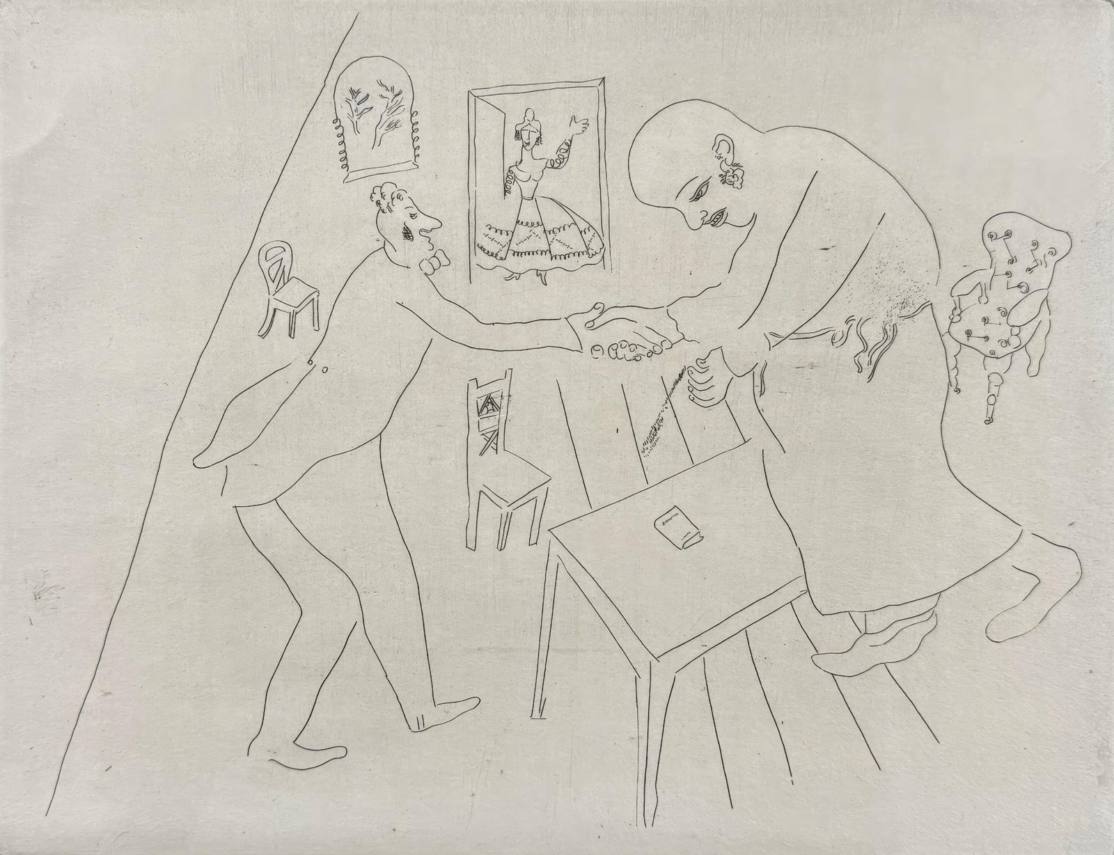 Marc Chagall, Tchitchikov's Farewell to Manilov, from Dead Souls, Limited Edition Etching, 1923-1927: This exquisite etching by Marc Chagall (1887-1985), titled Les Adieux de Tchitchikov a Manilov (Tchitchikov's Farewell to Manilov), originates from the celebrated folio Nicolas Gogol, Les Ames mortes,