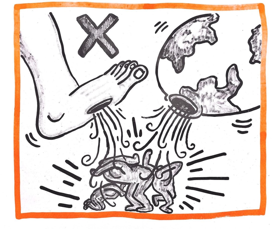 Keith Haring, Composition, Against All Odds, Limited Edition Lithograph: Lithograph on acid-free Rivoli paper. Paper Size: 8.5 x 10.3 inches. Inscription: Unsigned and unnumbered, as issued. Condition: Very good/excellent, consistent with age. Notes: From the album, Agains