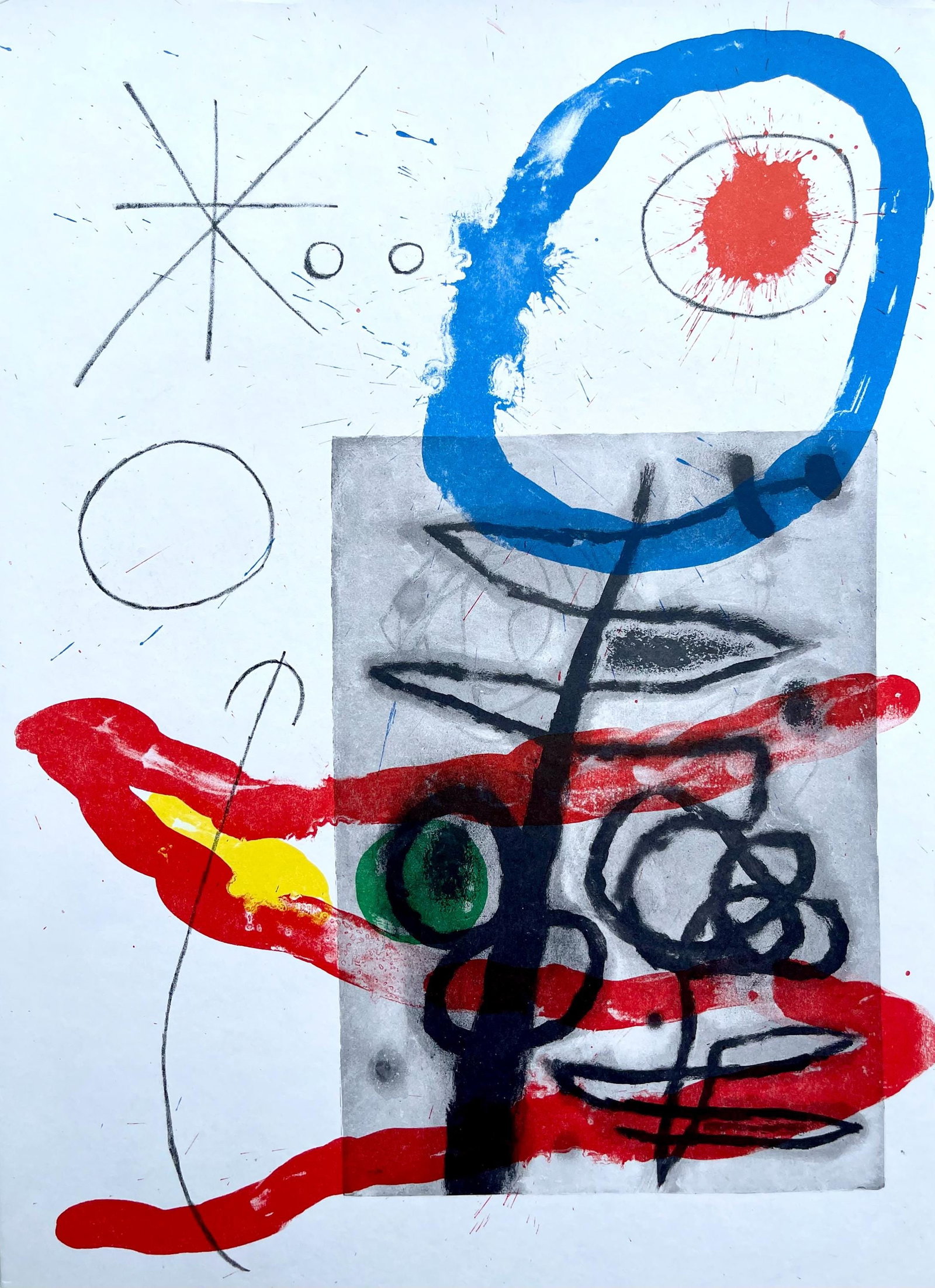 Joan Miro, Composition (Cramer 102; Mourlot 428-449), Derriere le miroir, Limited Edition Lithograph: Lithograph on velin paper. Paper Size: 15 x 11 inches. Excellent condition. Inscription: Unsigned and unnumbered, as issued. Notes: From Derriere le miroir, N deg 151-152, 1965. Published by Aime Maeg