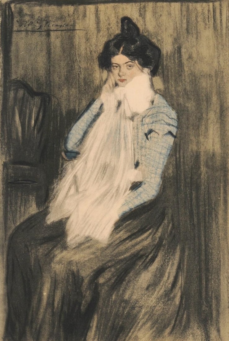 Pablo Picasso, Composition, Les Bleus de Barcelone, Limited Edition Lithograph: Lithograph and stencil with gouache and pastel inks on velin de Rives paper, archivally hinged on velin de Rives backing sheet, as issued. Paper size: 21.34 x 16.5 inches. Excellent condition. Inscrip