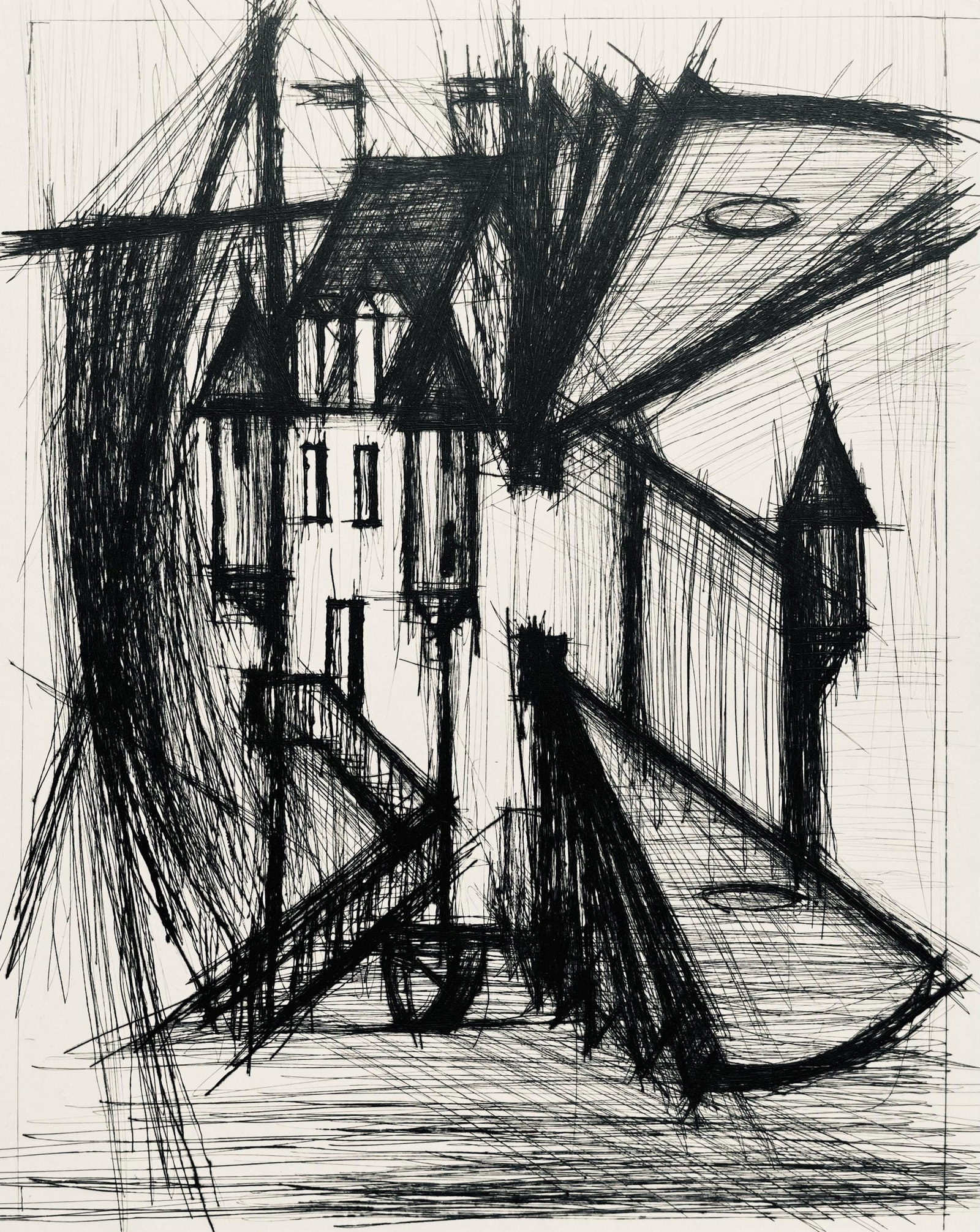 Bernard Buffet, Composition (Reinz 208-222), Voyages Fantastiques, Limited Edition Etching: Drypoint etching on papier de Rives B.F.K. pur fil paper. Paper size: 16.125 x 12.875 inches. Excellent condition. Unsigned and unnumbered, as issued. Notes: From the folio, Voyages fantastiques aux E