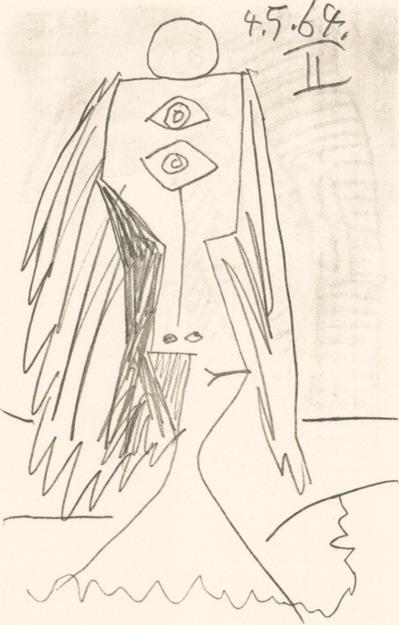 Pablo Picasso, 4.5.64. II (Cramer 148), Le Gout du Bonheur, Limited Edition Mixed Media Lithograph: Lithograph and silkscreen with grease crayon, lithographic tusche, lead pencil, charcoal on velin d'Arches paper. Paper size: 12.8 x 9.84 inches. Inscription: Unsigned and unnumbered, as issued. Catal