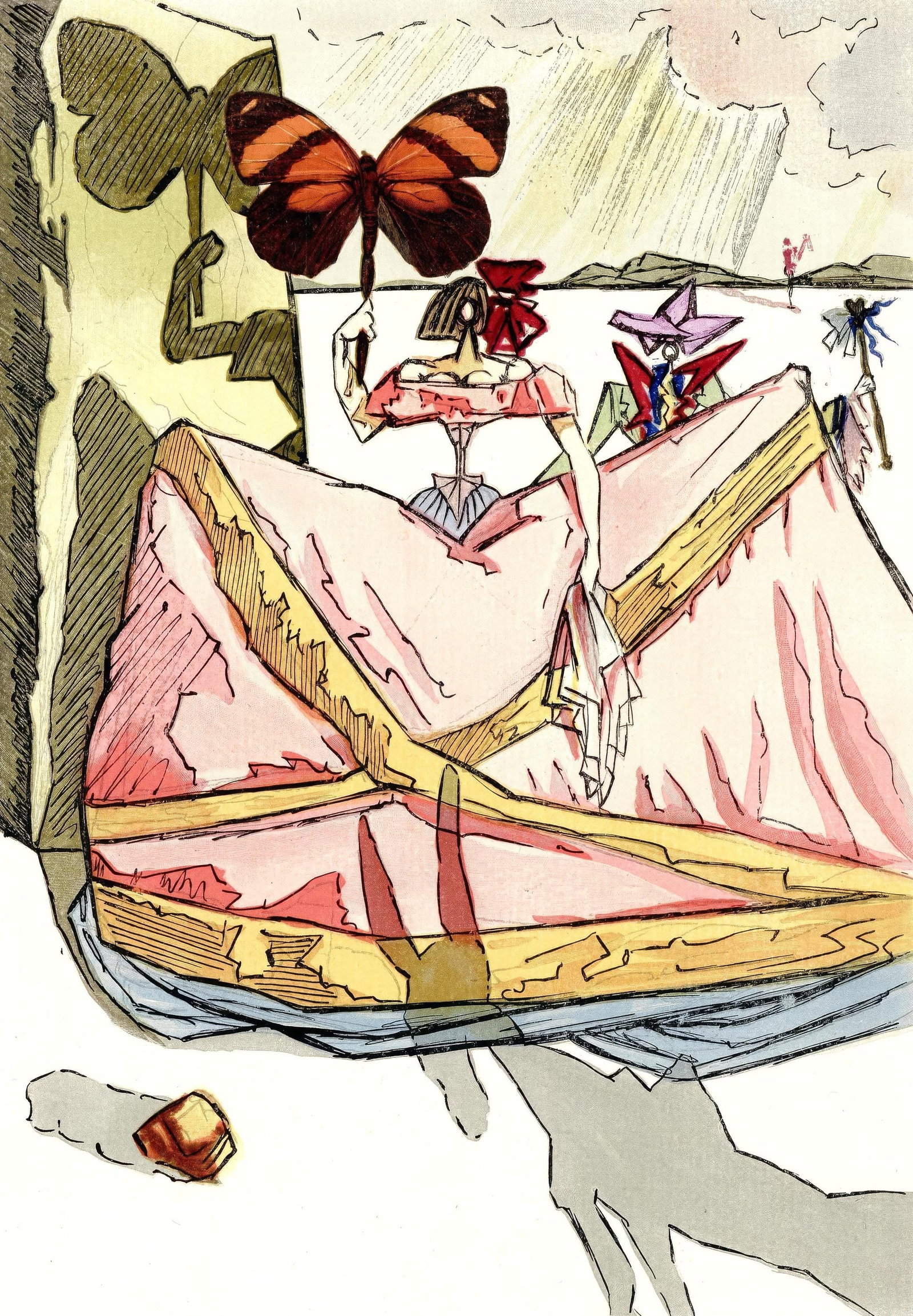 Salvador Dali, Untitled, from The Three-Cornered Hat, Limited Edition Engraving, 1958: This exquisite engraving by Salvador Dali (1904-1989), titled Sans titre (Untitled), from the folio Le Tricorne (The Three-Cornered Hat), originates from the 1958 edition published by Editions du Roch