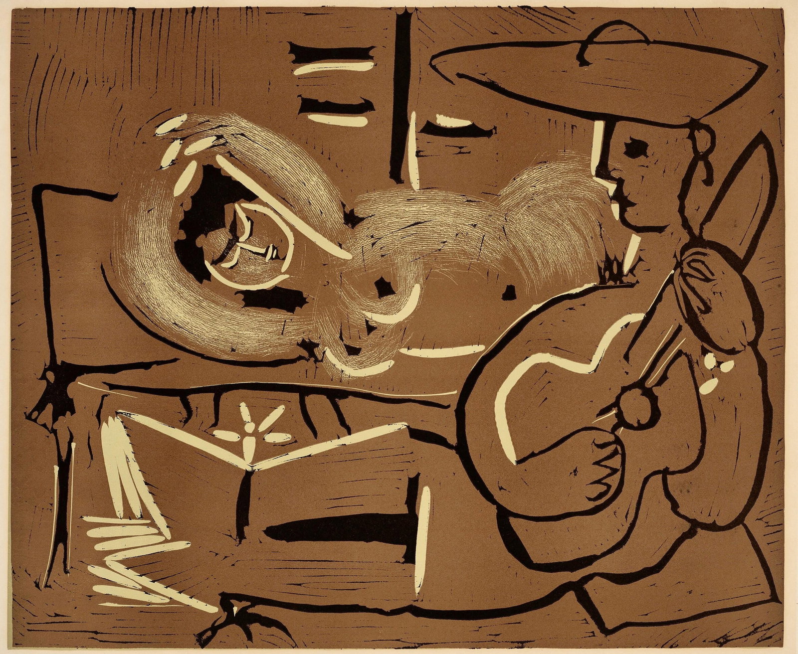 Pablo Picasso, Femme couchee et guitariste (Orozco 214), Grabados al linoleo, Limited Edition: Linocut on velin paper. Paper Size: 12.5 x 14.5 inches; image size: 10.5 x 12.75 inches. Inscription: Unsigned and unnumbered, as issued. Catalogue raisonne reference: Orozco, M. (2018). Picasso. 70 y