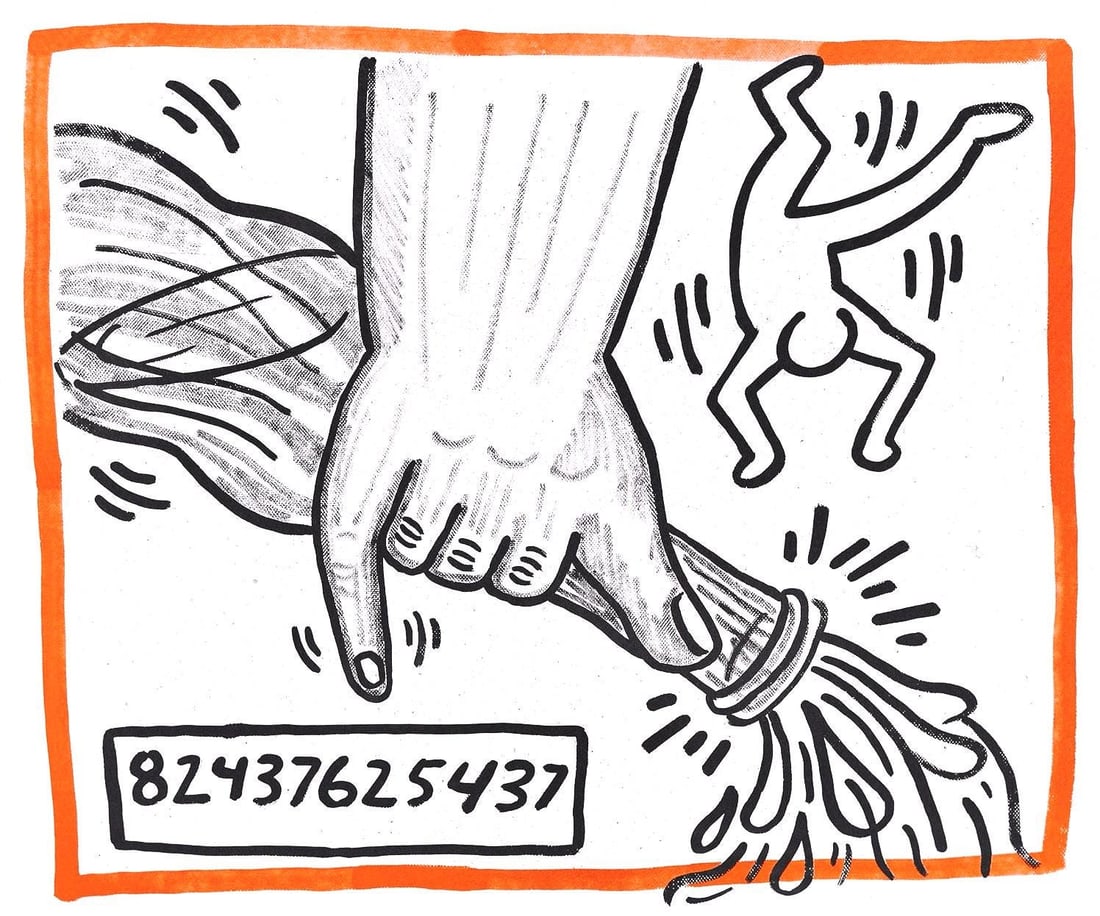 Keith Haring, Composition, Against All Odds, Limited Edition Lithograph: Lithograph on acid-free Rivoli paper. Paper Size: 8.5 x 10.3 inches. Inscription: Unsigned and unnumbered, as issued. Condition: Very good/excellent, consistent with age. Notes: From the album, Agains