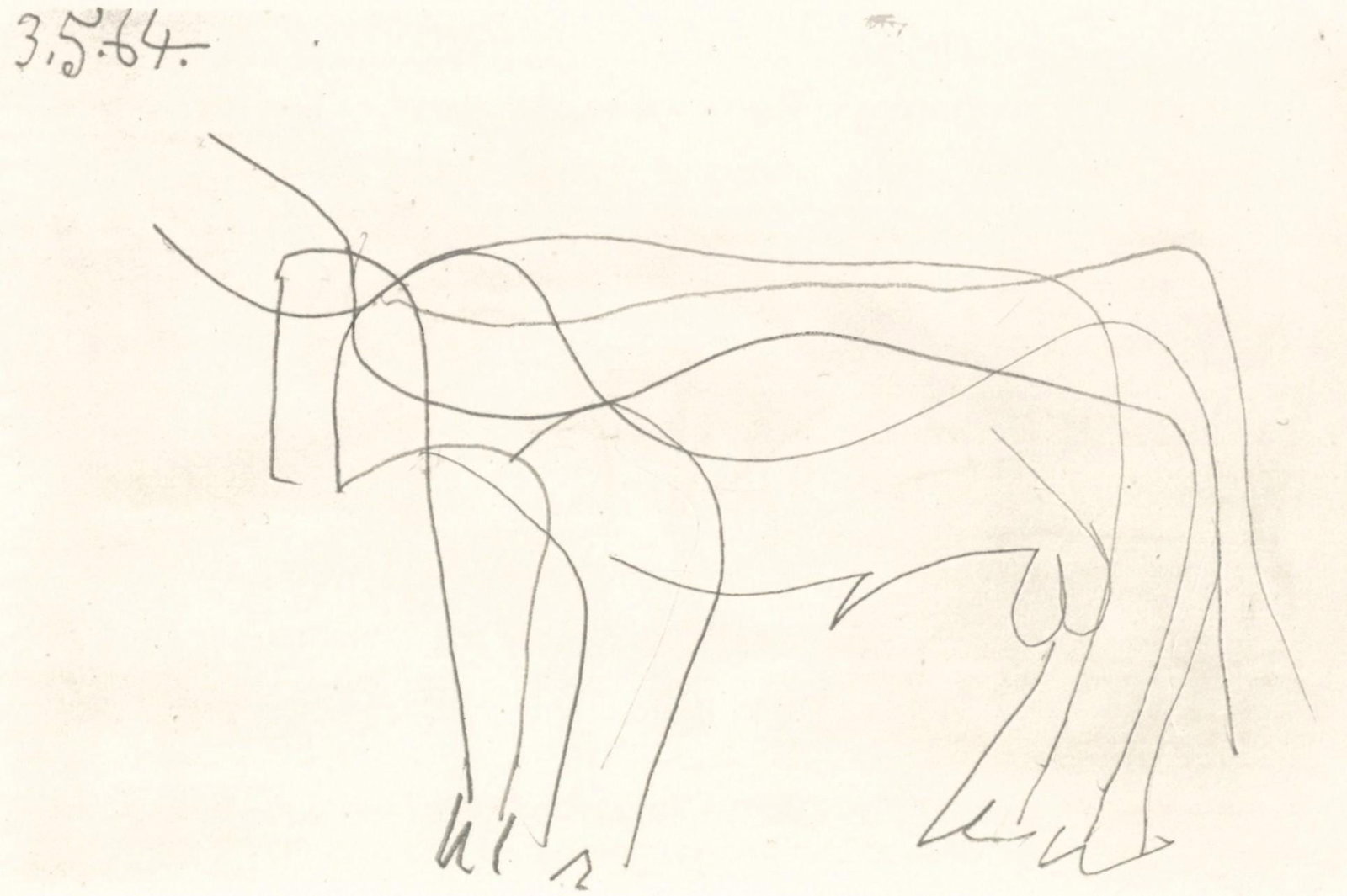 Pablo Picasso, 3.5.64. (Cramer 148), Le Gout du Bonheur, Limited Edition Mixed Media Lithograph: Lithograph and silkscreen with grease crayon, lithographic tusche, lead pencil, charcoal on velin d'Arches paper. Paper size: 9.84 x 12.8 inches. Inscription: Unsigned and unnumbered, as issued. Catal