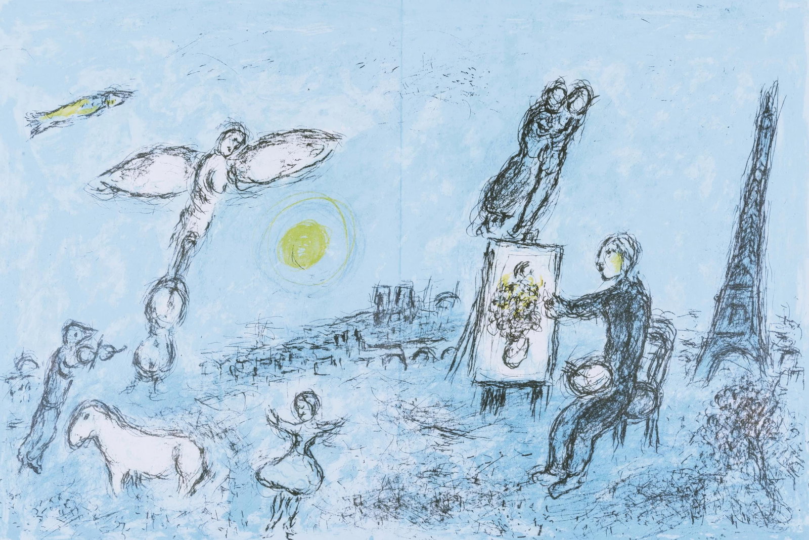 Marc Chagall, The Painter and his Double, from Derriere le miroir, Limited Edition Lithograph, 1981: This exquisite lithograph by Marc Chagall (1887-1985), titled Le Peintre et son Double (The Painter and his Double), from the folio Derriere le miroir, No. 246, originates from the 1981 edition publis