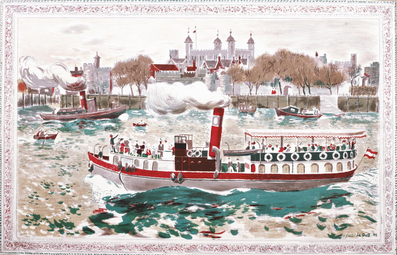 Edwin La Dell, Tower Of London, S.P.6., from School Prints Ltd., Limited Edition Lithograph, 1945: This exquisite lithograph by Edwin La Dell (1914-1970), titled Tower Of London, S.P.6., originates from the School Prints Ltd. series, published by School Prints Ltd., London, under the direction of B