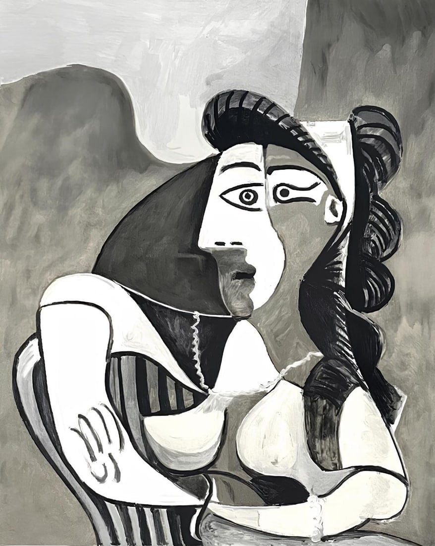 Pablo Picasso, Femme accoudee au fauteuil, Marina Picasso Collection, Official Limited Edition: Lithograph on velin d'Arches paper. Inscription: Facsimile signed and unnumbered, as issued. Paper Size: 28.5 x 21.5 inches. Excellent condition. Notes: From the Marina Picasso Collection. Published b