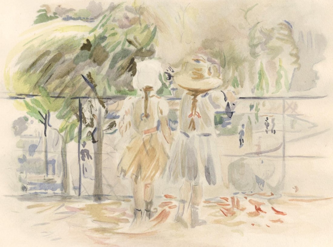 Berthe Morisot, Au Jardin des Tuileries, Berthe Morisot Seize Aquarelles, Limited Edition Lithograph: Lithograph and stencil on velin du Marais paper. Paper Size: 11 x 15 inches. Excellent condition. Inscription: Unsigned and unnumbered, as issued. Notes: From the folio, Berthe Morisot Seize Aquarelle