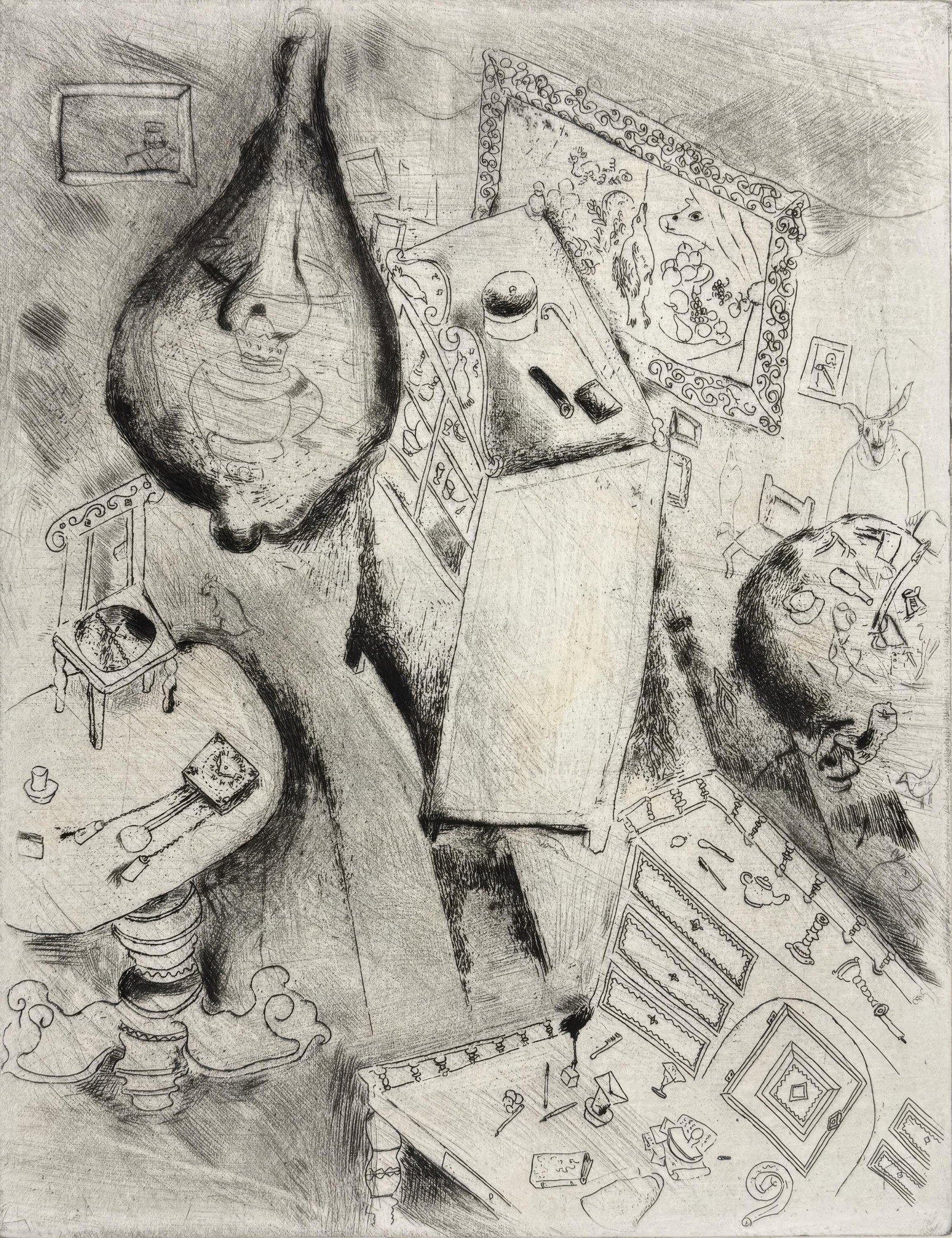 Marc Chagall, The Room of Pliouchkine, from Dead Souls, Limited Edition Etching, 1923-1927: This exquisite etching by Marc Chagall (1887-1985), titled La Chambre de Pliouchkine (The Room of Pliouchkine), originates from the celebrated folio Nicolas Gogol, Les Ames mortes, Eaux-fortes origina