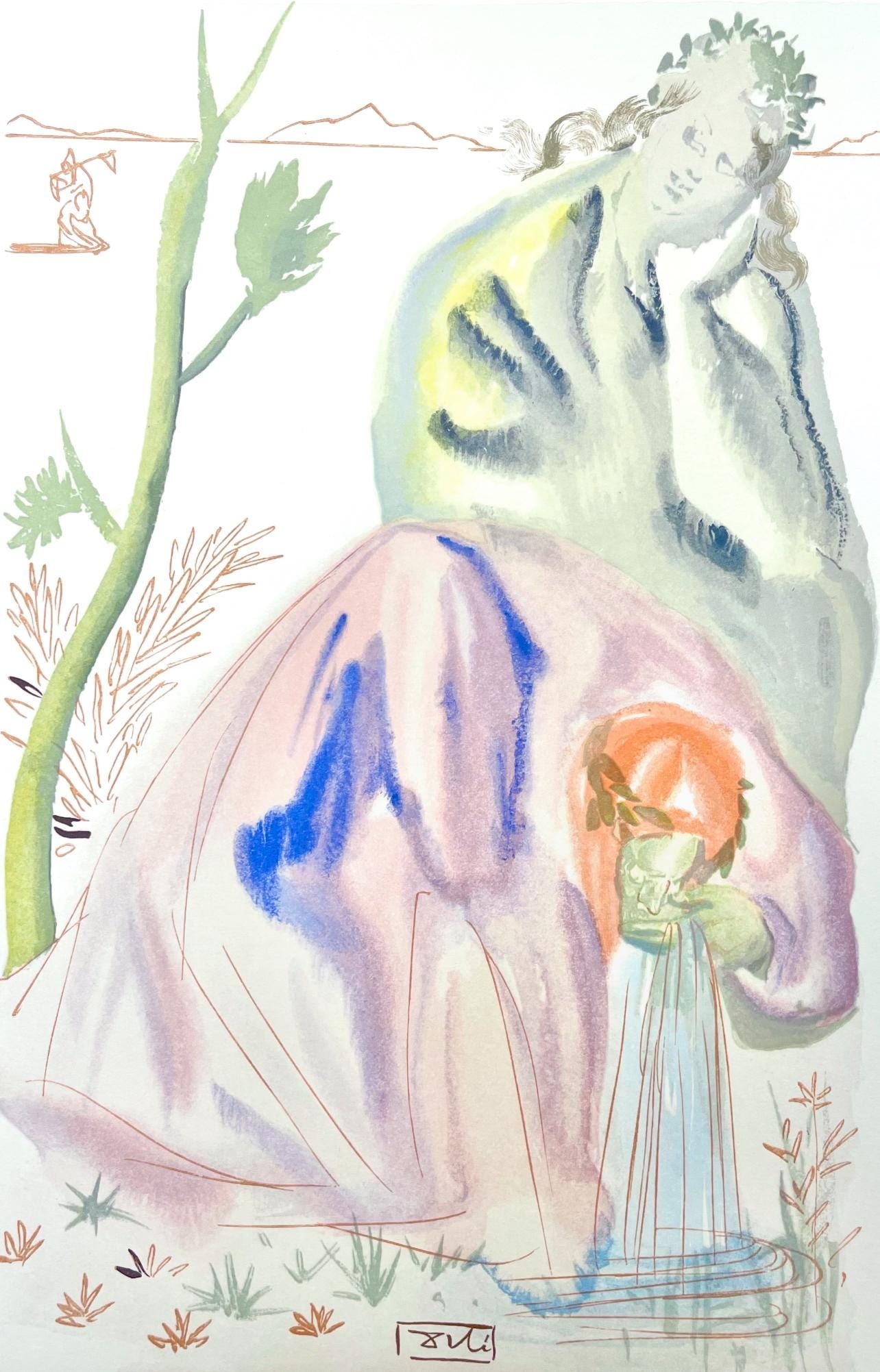 Salvador Dali, Fegefeuer XXI (Michler/Lopsinger 1039-1138; Field 189-200), Die Gottliche Komodie,: Woodcut in colors on velin de Rives BFK paper, mounted on velin d'Arches support, as issued. Paper size: 13 x 10.375 inches. Inscription: Signed in the block, and unnumbered, as issued. Catalogue rais