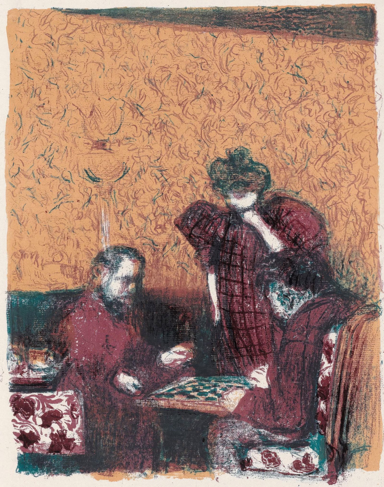 Jean-Edouard Vuillard, The Game of Checkers, from The Graphic Work of Vuillard, Limited Edition: This exquisite lithograph by Jean-Edouard Vuillard (1868-1940), titled La Partie de dames (The Game of Checkers), from L'oeuvre grave de Vuillard (The Graphic Work of Vuillard), originates from the 19
