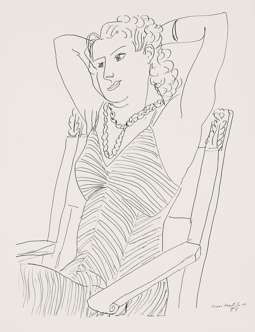 Henri Matisse, Serie P, var. 4 (Duthuit 9), Henri Matisse, Dessins, Themes et variations, Limited: Lithograph on velin pur fil paper. Paper Size: 12.875 x 9.625 inches. Excellent condition. Inscription: Signed in the plate and unnumbered, as issued. Notes: From the folio, Henri Matisse, Dessins, Th