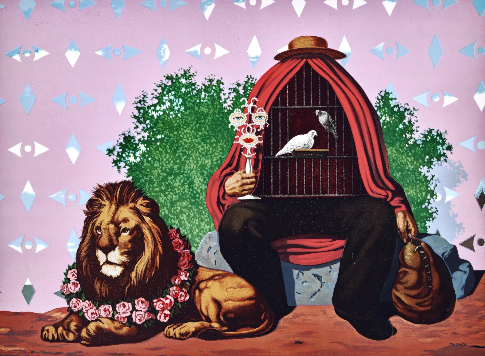 Rene Magritte, Two Turtledoves, in the Warm Penumbra of Their Home, from The Found Children of: This exquisite lithograph by Rene Magritte (1898-1967), titled Deux Tourterelles, dans la Chaude Penombre de Leur Maison (Two Turtledoves, in the Warm Penumbra of Their Home), from the folio Les Enfan