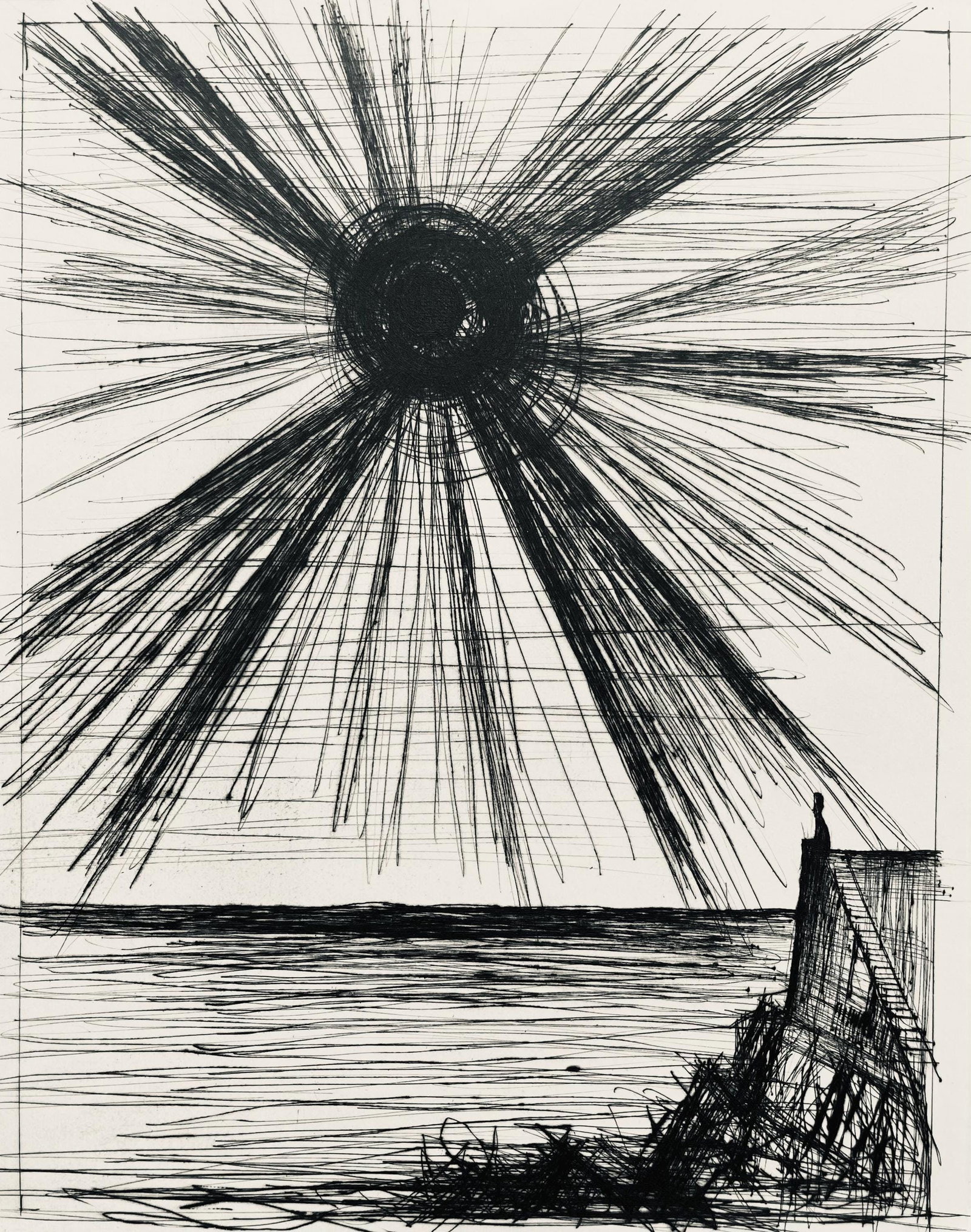 Bernard Buffet, Composition (Reinz 208-222), Voyages Fantastiques, Limited Edition Etching: Drypoint etching on papier de Rives B.F.K. pur fil paper. Paper size: 16.125 x 12.875 inches. Excellent condition. Unsigned and unnumbered, as issued. Notes: From the folio, Voyages fantastiques aux E