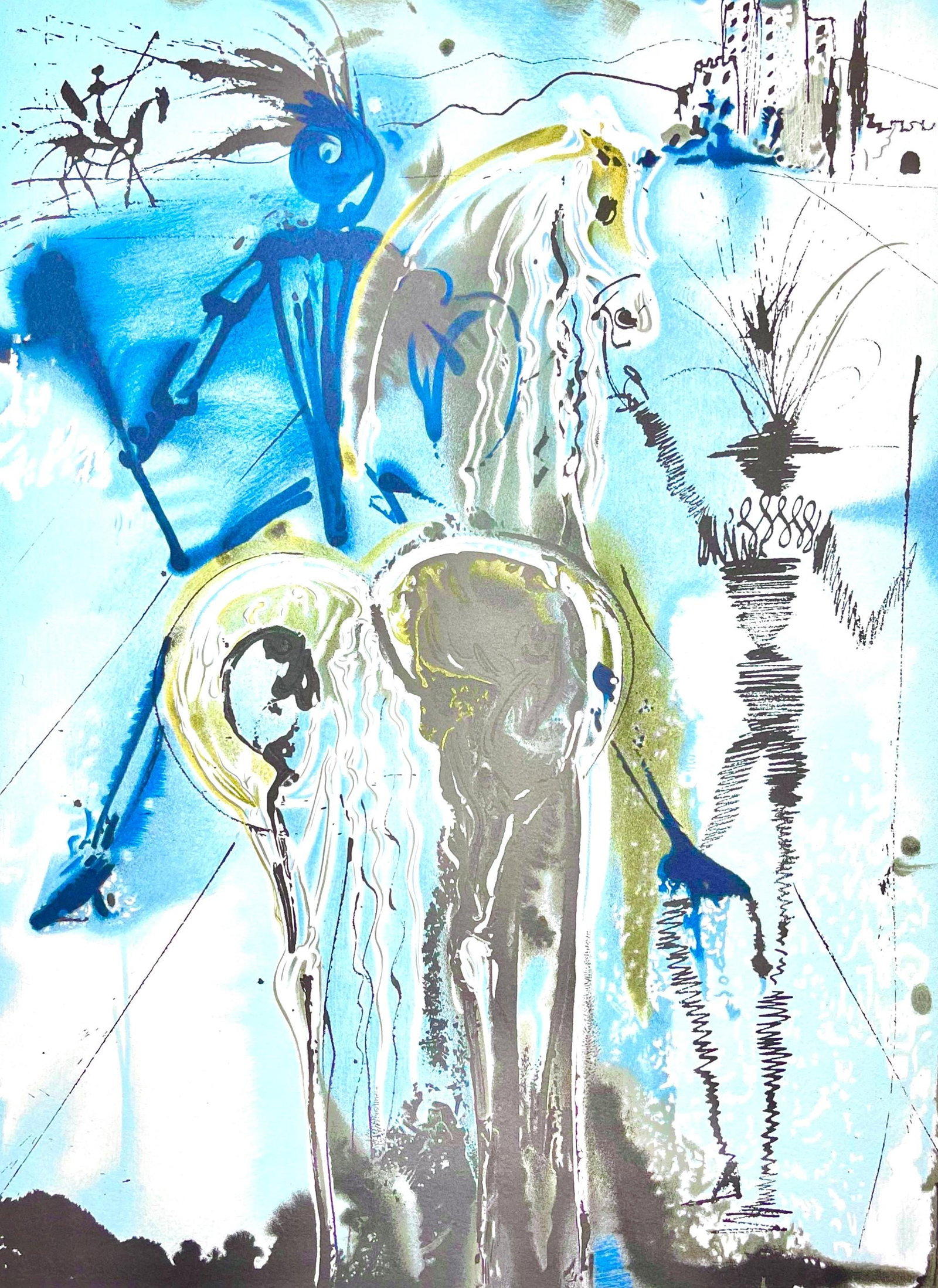 Salvador Dali, Don Quichotte, Les Chevaux de Dali, Fac-simile Signed, Limited Edition Lithograph: Lithograph in colors on pur chiffon velin d'Arches paper. Paper size: 22.24 x 14.37 inches. Inscription: Fac-simile signed and unnumbered, as issued. Condition: Very good/excellent, consistent with ag