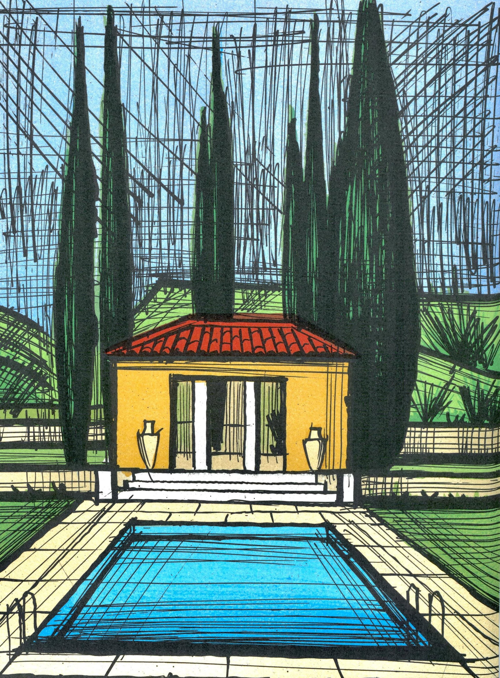 Bernard Buffet, The Swimming Pool, from Lithographs II, Limited Edition Lithograph, 1987: This exquisite lithograph by Bernard Buffet (1928-1999), titled La piscine (The Swimming Pool), originates from the 1987 album Bernard Buffet, Lithographe II (Bernard Buffet, Lithographer II), publish