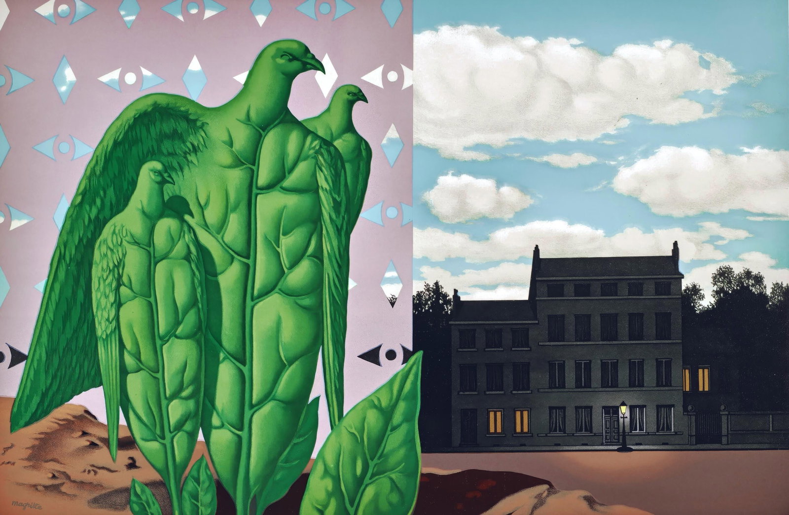 Rene Magritte, The Great Birds are Those of Treasure Island, from The Found Children of Magritte,: This exquisite lithograph by Rene Magritte (1898-1967), titled Les Grands Oiseaux sont Ceux de LIle au Tresor (The Great Birds are Those of Treasure Island), from the folio Les Enfants Trouves de Magr