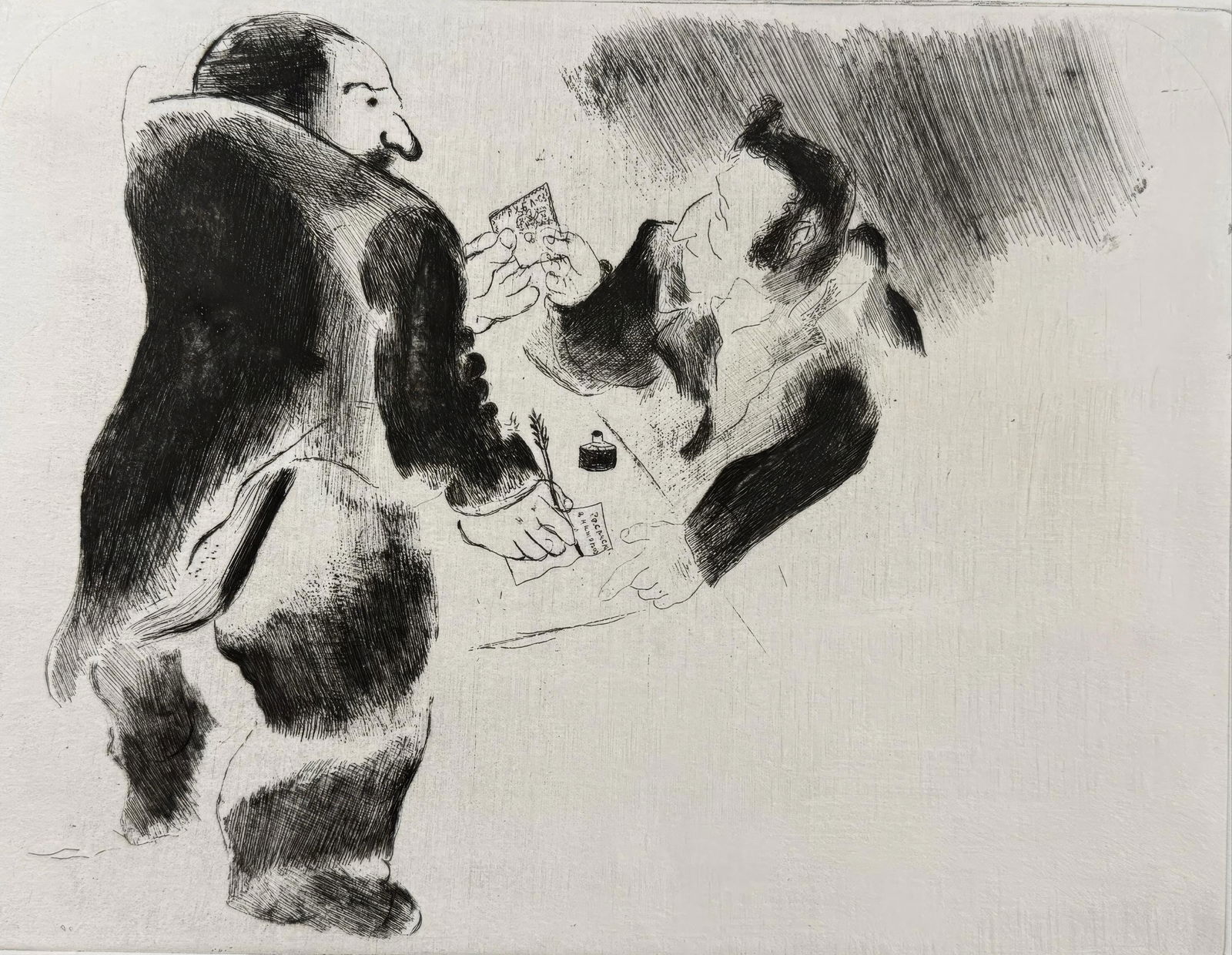 Marc Chagall, The Deposit, from Dead Souls, Limited Edition Etching, 1923-1927: This exquisite etching by Marc Chagall (1887-1985), titled Les Arrhes (The Deposit), originates from the celebrated folio Nicolas Gogol, Les Ames mortes, Eaux-fortes originales de Marc Chagall (Nicola