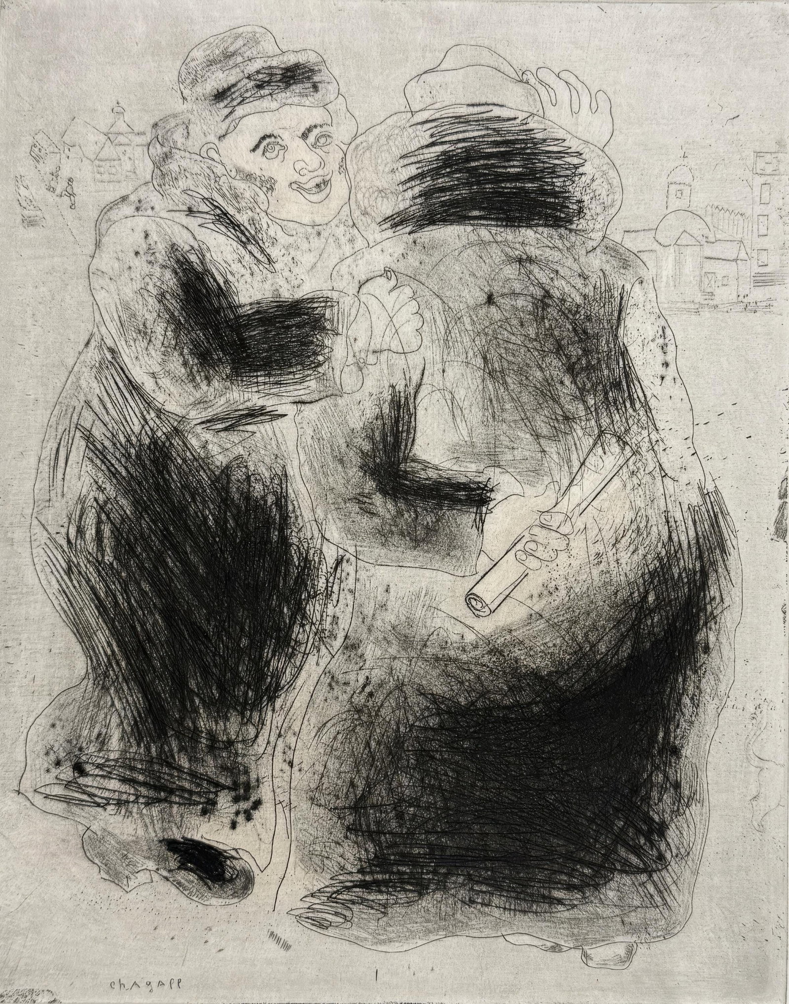 Marc Chagall, The Encounter in a Cloak, from Dead Souls, Limited Edition Etching, 1923-1927: This exquisite etching by Marc Chagall (1887-1985), titled La rencontre en houppelande (The Encounter in a Cloak), originates from the celebrated folio Nicolas Gogol, Les Ames mortes, Eaux-fortes orig