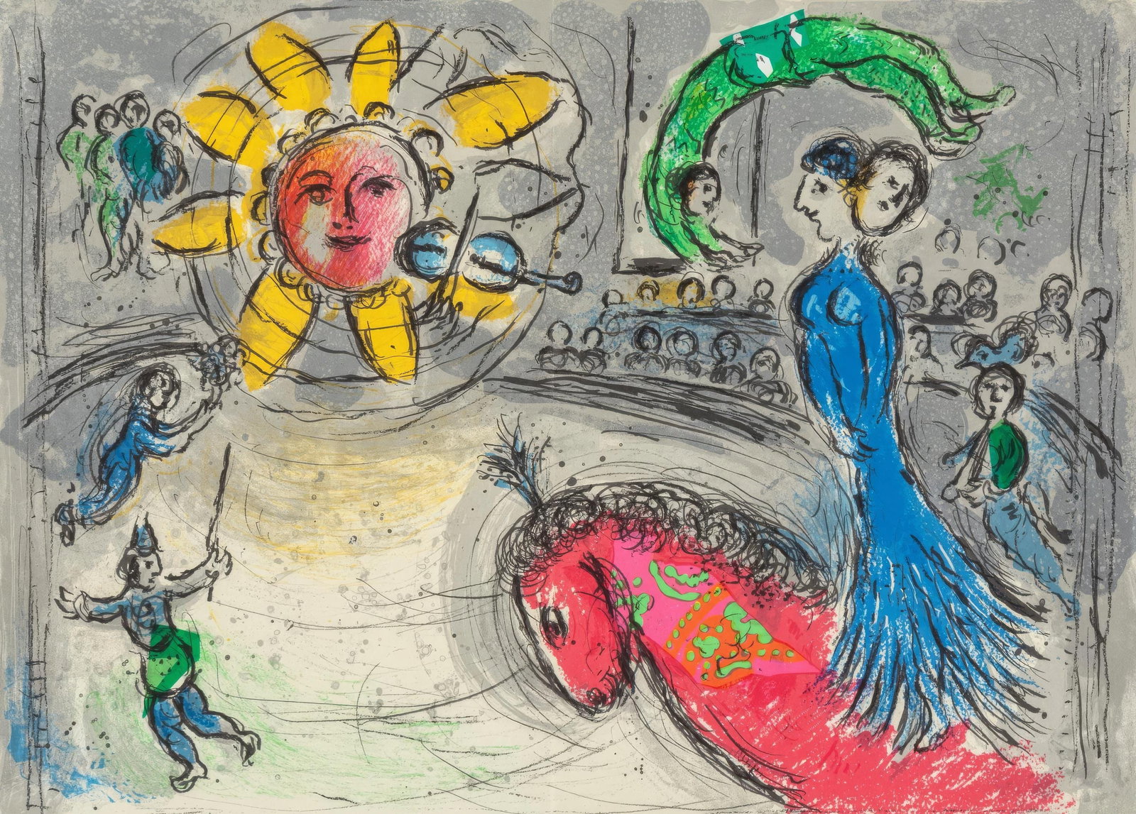 Marc Chagall, Sun with Red Horse, from Derriere le miroir, Limited Edition Lithograph, 1979: This exquisite lithograph by Marc Chagall (1887-1985), titled Soleil avec cheval rouge (Sun with Red Horse), from the folio Derriere le miroir, No. 235, originates from the 1979 edition published by M