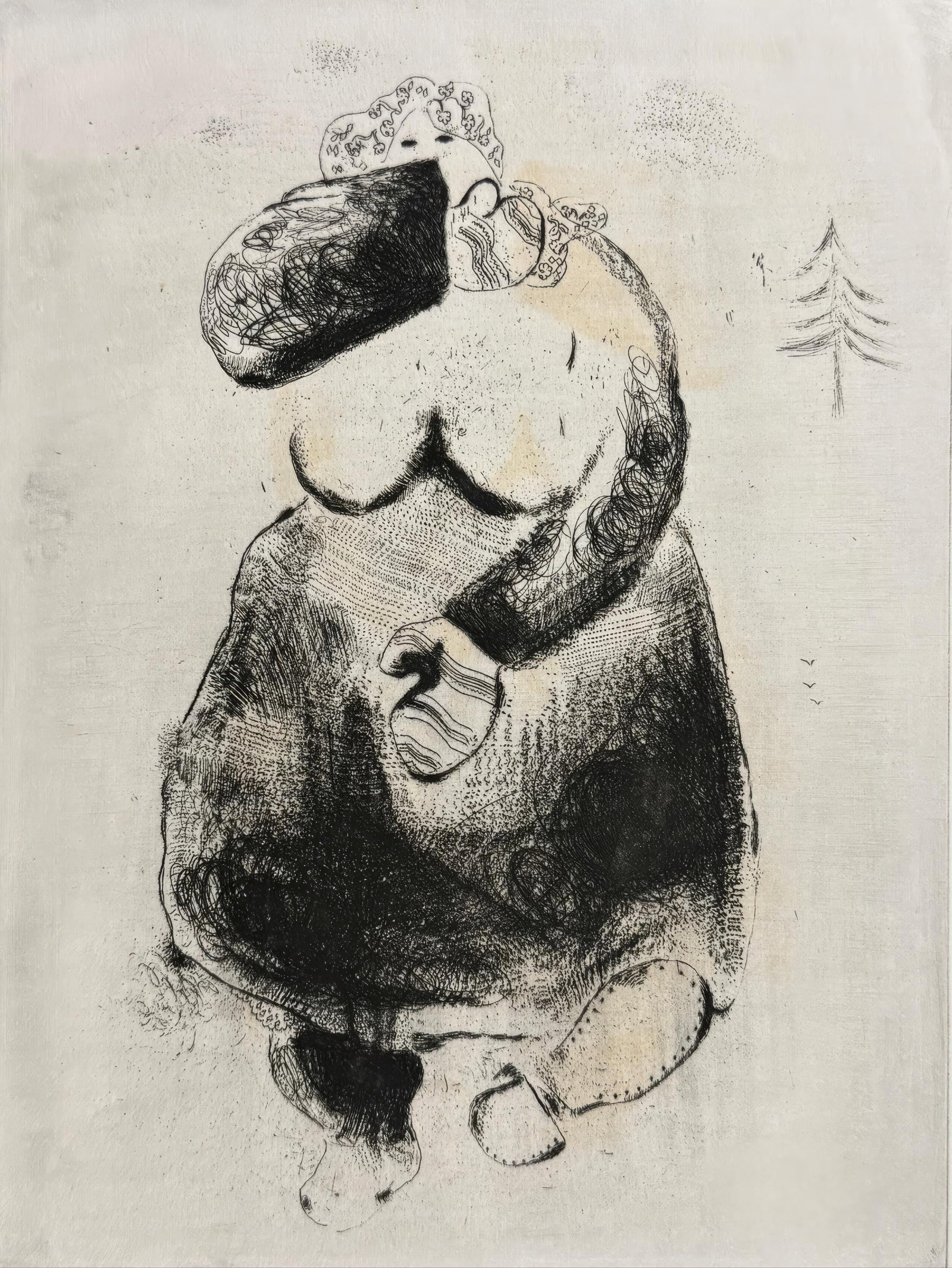 Marc Chagall, The Sparrow Woman, from Dead Souls, Limited Edition Etching, 1923-1927: This exquisite etching by Marc Chagall (1887-1985), titled La Femme Moineau (The Sparrow Woman), originates from the celebrated folio Nicolas Gogol, Les Ames mortes, Eaux-fortes originales de Marc Cha