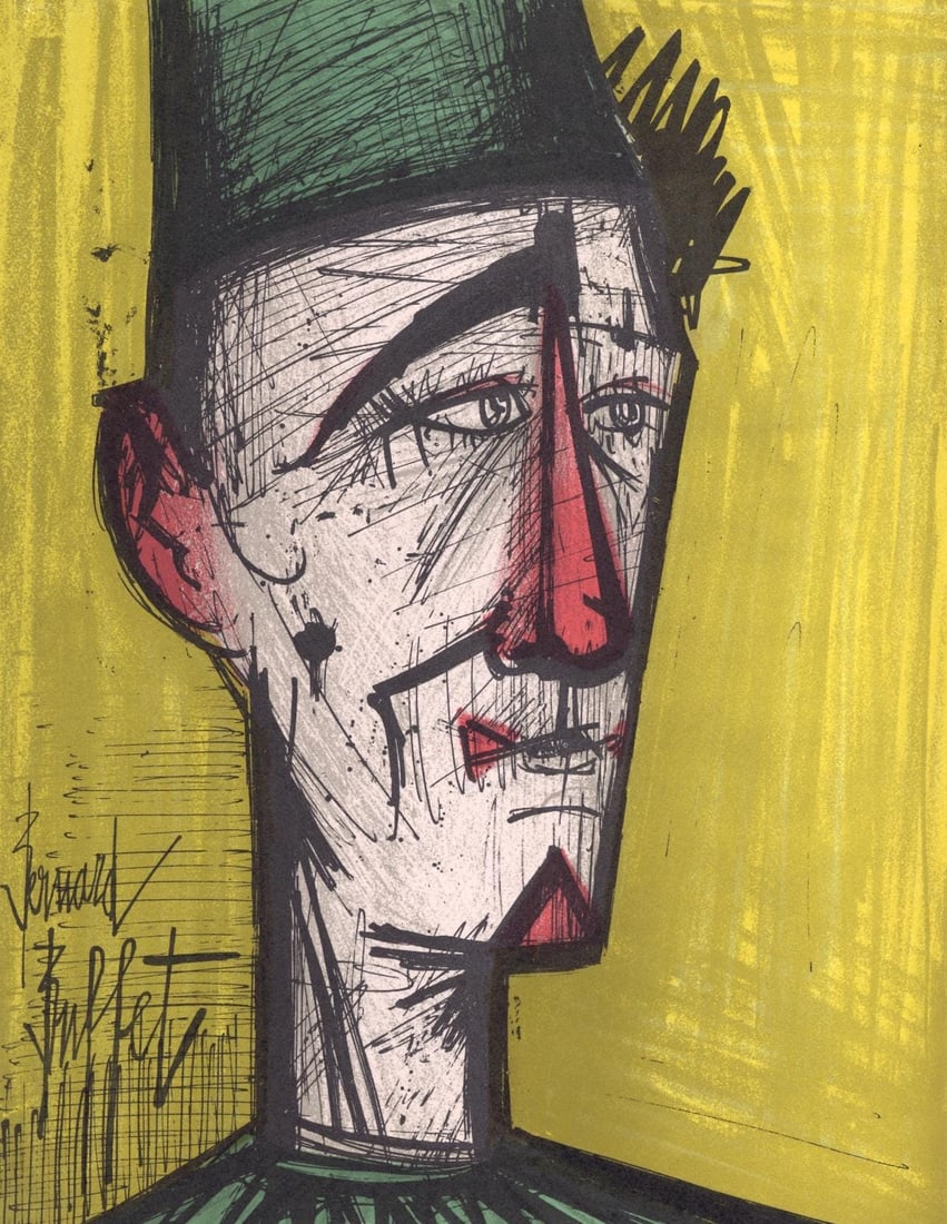 Bernard Buffet, Le clown Jojo, Lithographs 1952-1966, Limited Edition Lithograph: Lithograph on velin Acropole Papeteries de Renage paper. Paper size: 12.25 x 9.5 inches. Excellent condition. Inscription: Signed in the plate and unnumbered, as issued. Notes: From the album, Bernard