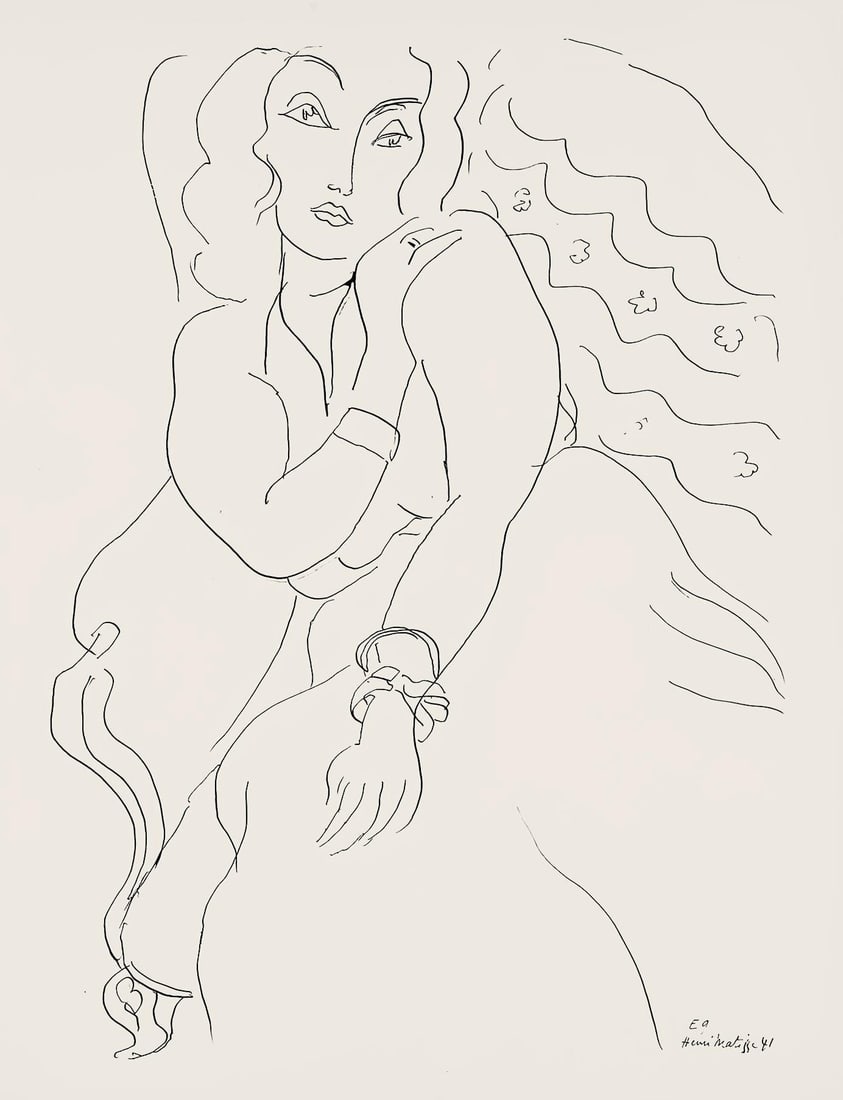Henri Matisse, Serie E, var. 9 (Duthuit 9), Henri Matisse, Dessins, Themes et variations, Limited: Lithograph on velin pur fil paper. Paper Size: 12.875 x 9.625 inches. Excellent condition. Inscription: Signed in the plate and unnumbered, as issued. Notes: From the folio, Henri Matisse, Dessins, Th