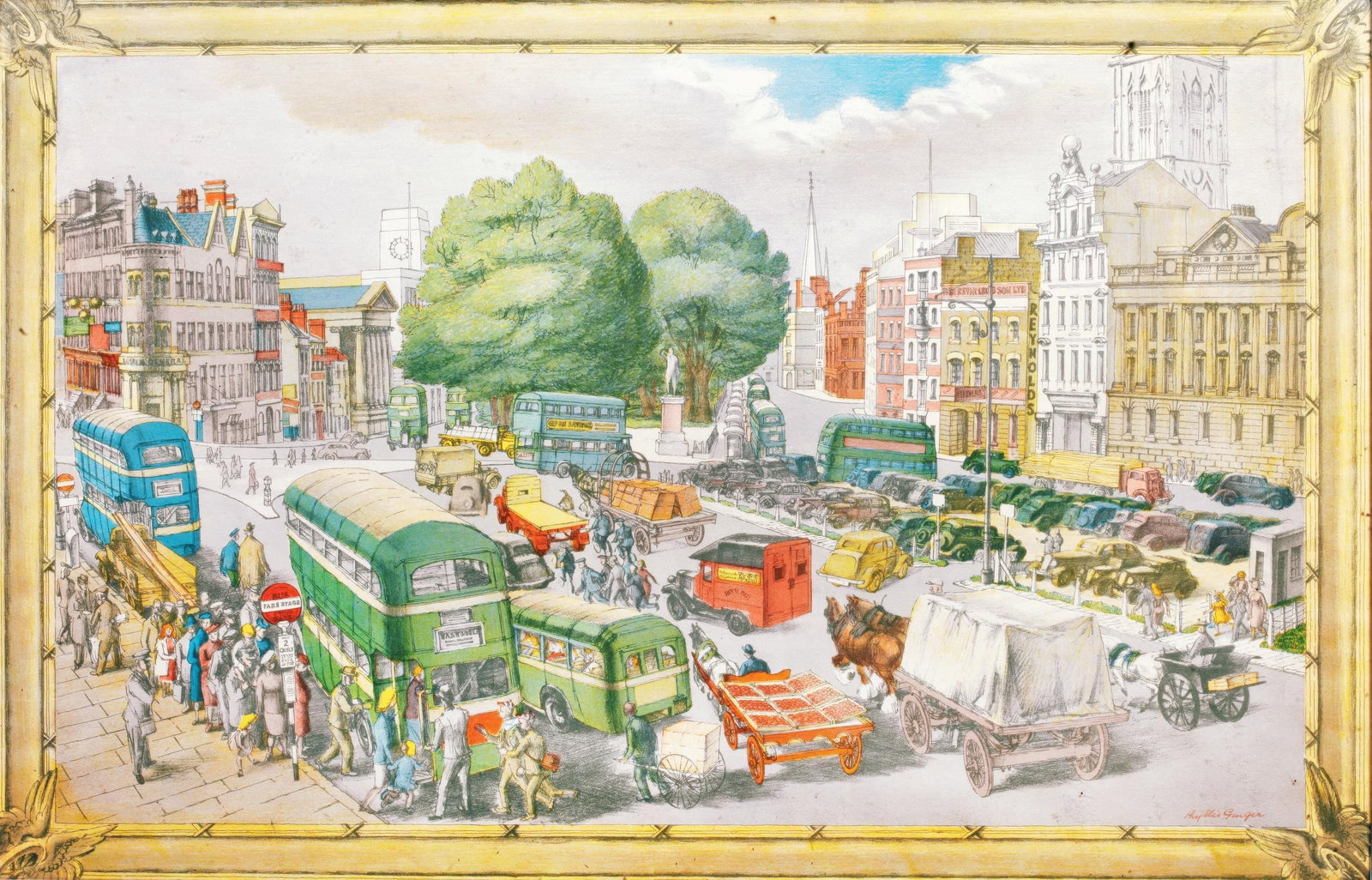 Phyllis Ginger, Town Centre, S.P.7., from School Prints Ltd., Limited Edition Lithograph, 1946: This exquisite lithograph by Phyllis Ginger (1907-2005), titled Town Centre, S.P.7., originates from the School Prints Ltd. series, published by School Prints Ltd., London, under the direction of Bren