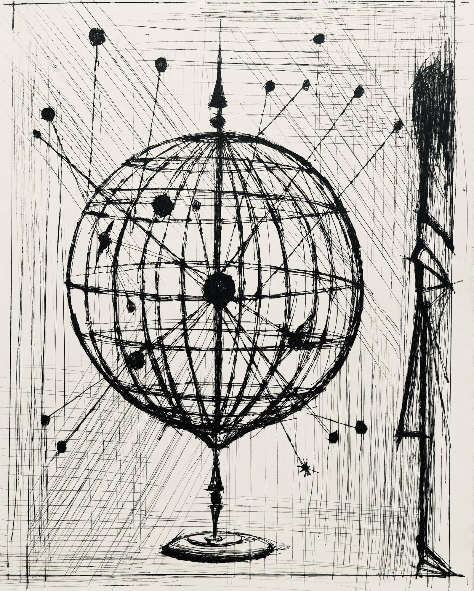 Bernard Buffet, Composition (Reinz 208-222), Voyages Fantastiques, Limited Edition Etching: Drypoint etching on papier de Rives B.F.K. pur fil paper. Paper size: 16.125 x 12.875 inches. Excellent condition. Unsigned and unnumbered, as issued. Notes: From the folio, Voyages fantastiques aux E