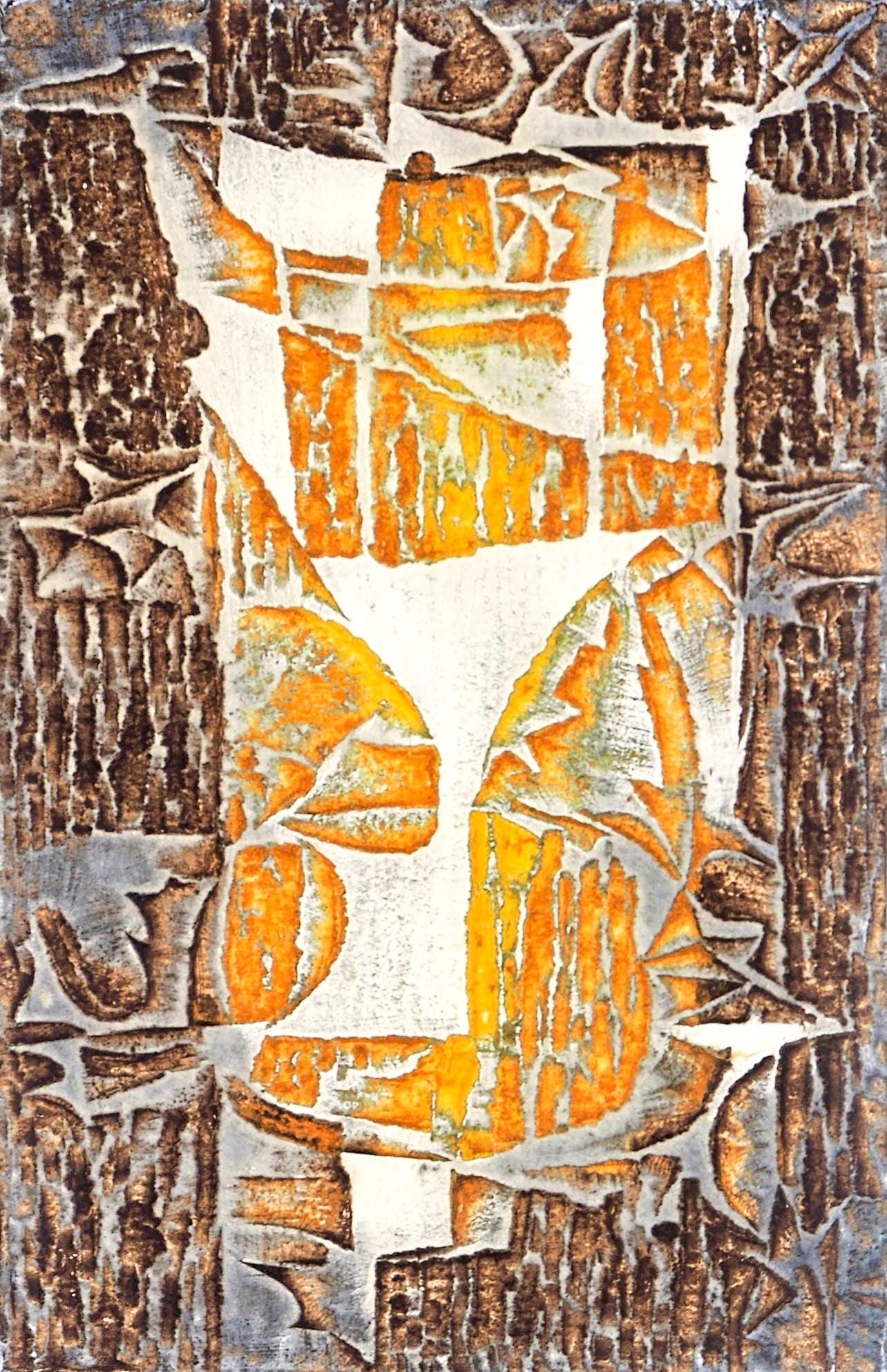 Marcel Fiorini, Corona de Laure, Paroles peintes I, Limited Edition Etching: Etching on velin Johannot d'Arches paper. Paper size: 15.25 x 11.5 inches. Excellent condition. Inscription: Unsigned and unnumbered, as issued. Notes: From the album, Paroles peintes I, 1962. Publish