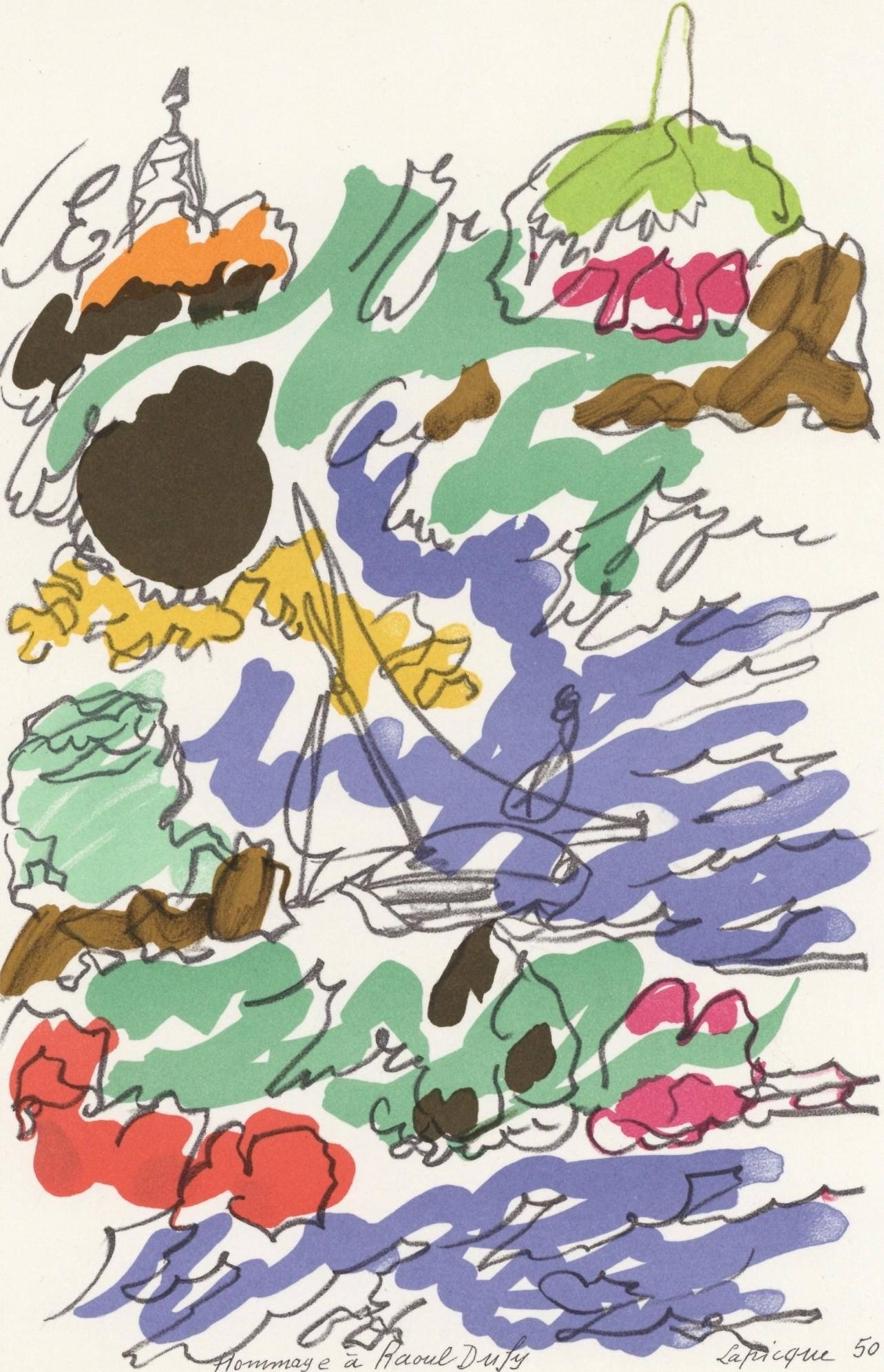 Charles Lapicque, Composition, Lettre a mon peintre Raoul Dufy, Limited Edition Lithograph: Lithograph on velin Arjomari paper. Paper Size: 11.75 x 9.375 inches. Inscription: Signed in the plate and unnumbered, as issued. Notes: From the folio, Lettre a mon peintre Raoul Dufy, 1965. Publishe