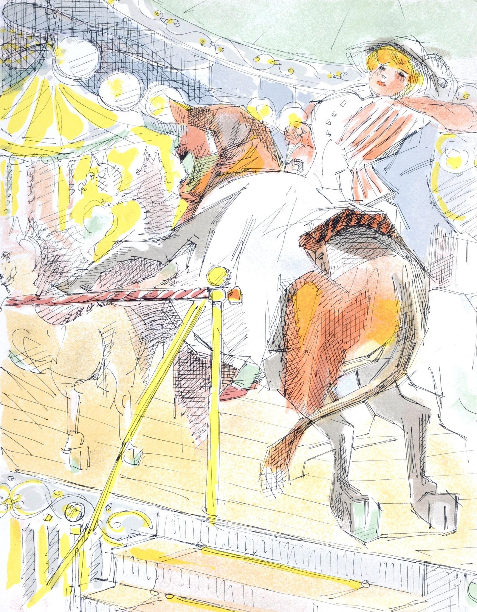 Jacques Villon, Le Manege, Regards sur Paris, Limited Edition Lithograph: Lithograph on velin d'Arches paper. Paper size: 15.5 x 12 inches. Excellent condition. Inscription: unsigned and unnumbered, as issued. Notes: from the folio, Regards sur Paris, 1962. Published by And