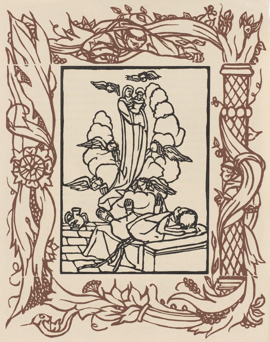 Emile Bernard, Composition (Morane, No. 100), Les Petites Fleurs de St. Francoise, Limited Edition: Wood engraving on verge d'Arches paper. Paper size: 12.8125 x 9.8125 inches. Excellent condition. Unsigned and unnumbered, as issued. Notes: From the volume, Les Petites Fleurs de St. Francois, 1928.