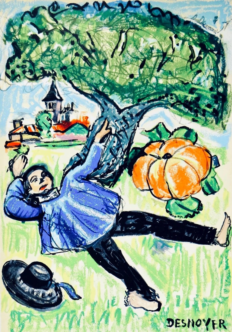 Francois Desnoyer, Le gland et la citrouille, Vingt fables de La fontaine, Limited Edition Woodcut: Woodcut on velin d'Arches paper. Paper size: 15 x 10.75 inches. Excellent condition. Inscription: signed in the plate and unnumbered, as issued. Notes: from the folio, Vingt fables de La fontaine, 196