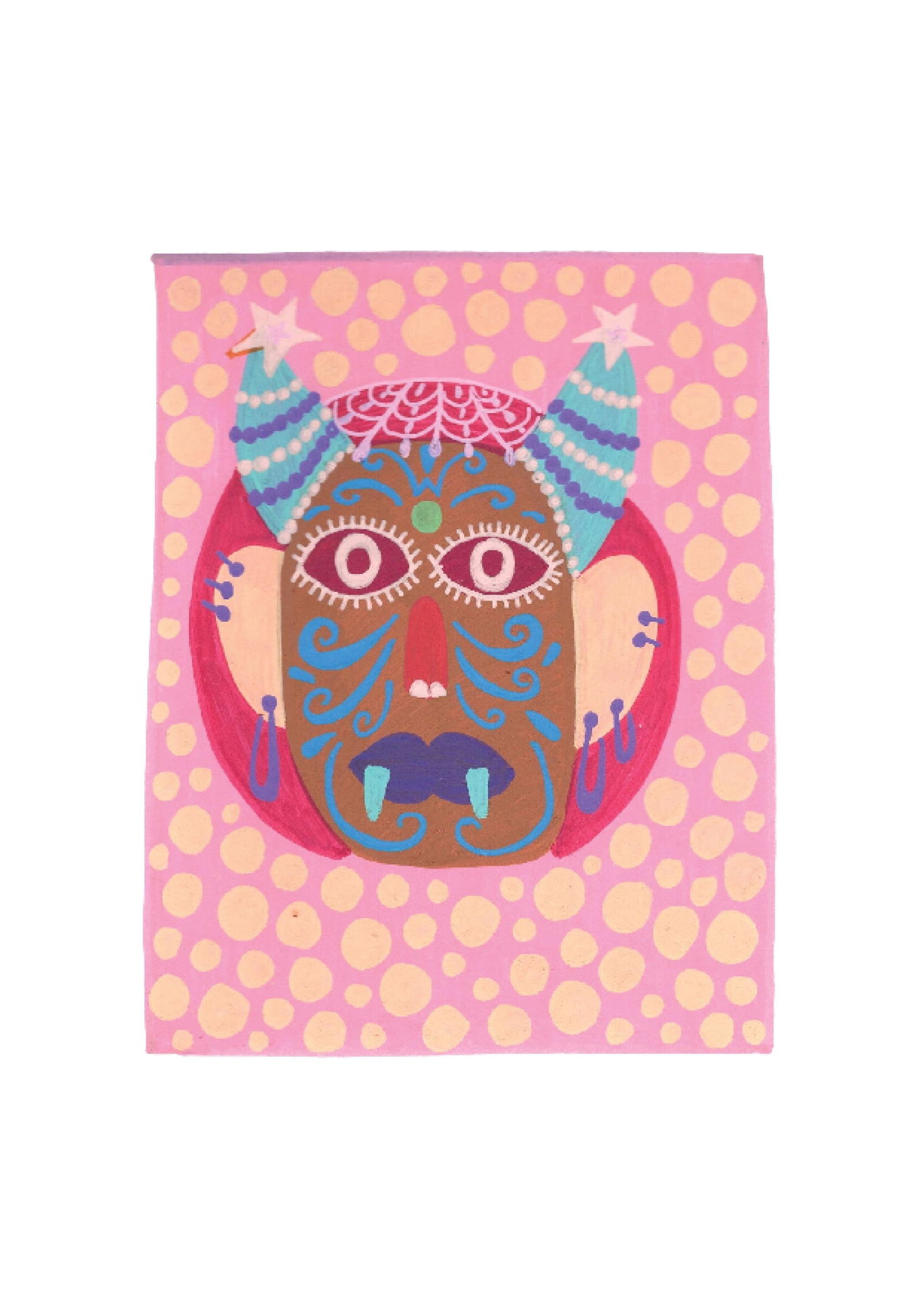 Evil Eye Mask 13: Inspired by the South Indian Drishti Bommai mask; a protective talisman traditionally represented as a doll; this artwork draws from a visual language widely seen across South India. These figures