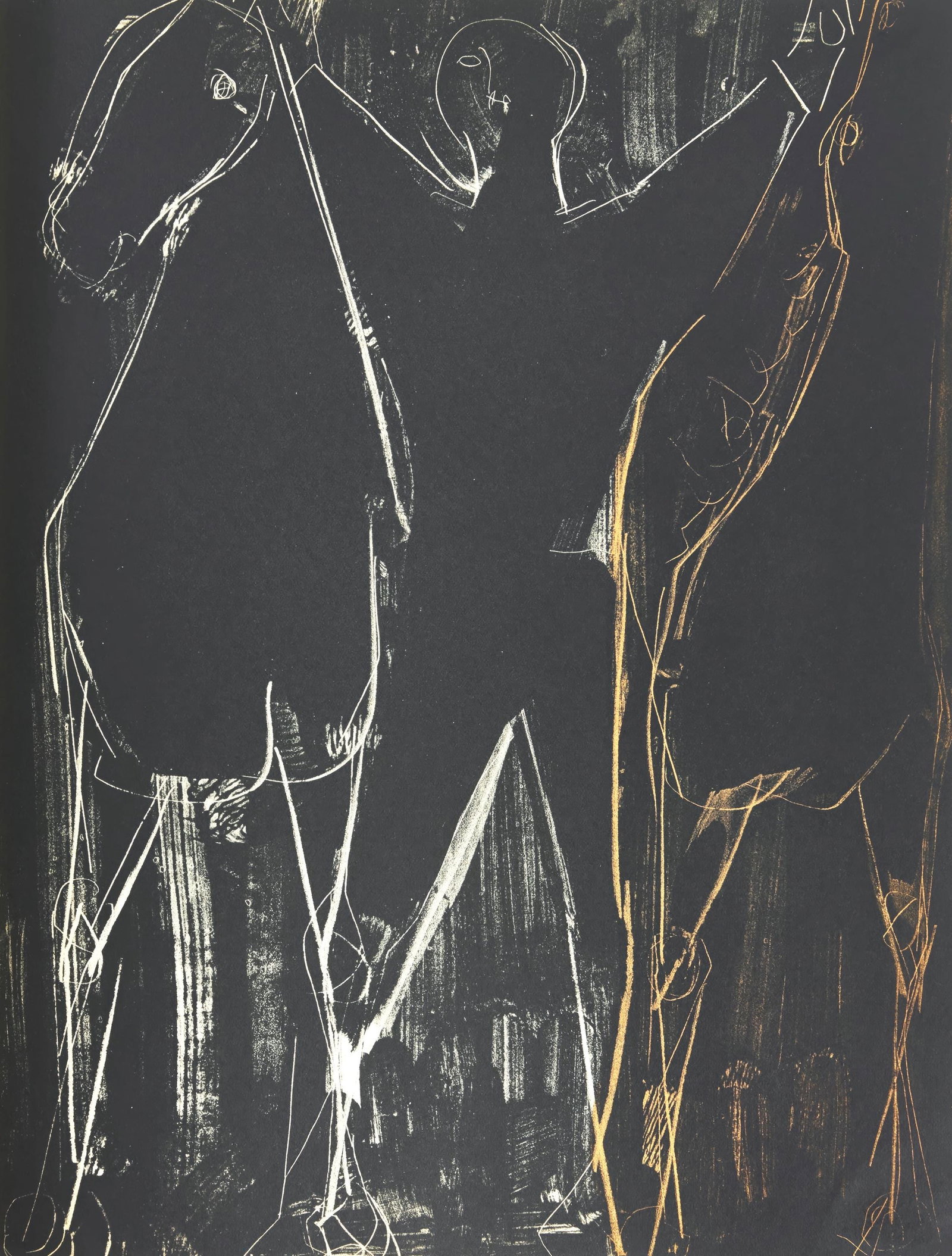 Marino Marini, Horses and Riders Standing, from XXe siecle, Limited Edition Lithograph, 1951: This exquisite lithograph by Marino Marini (1901-1980), titled Cavalli e cavalieri in piedi (Horses and Riders Standing), from the album XXe Siecle, Nouvelle serie, No. 1, 1951, originates from the 19