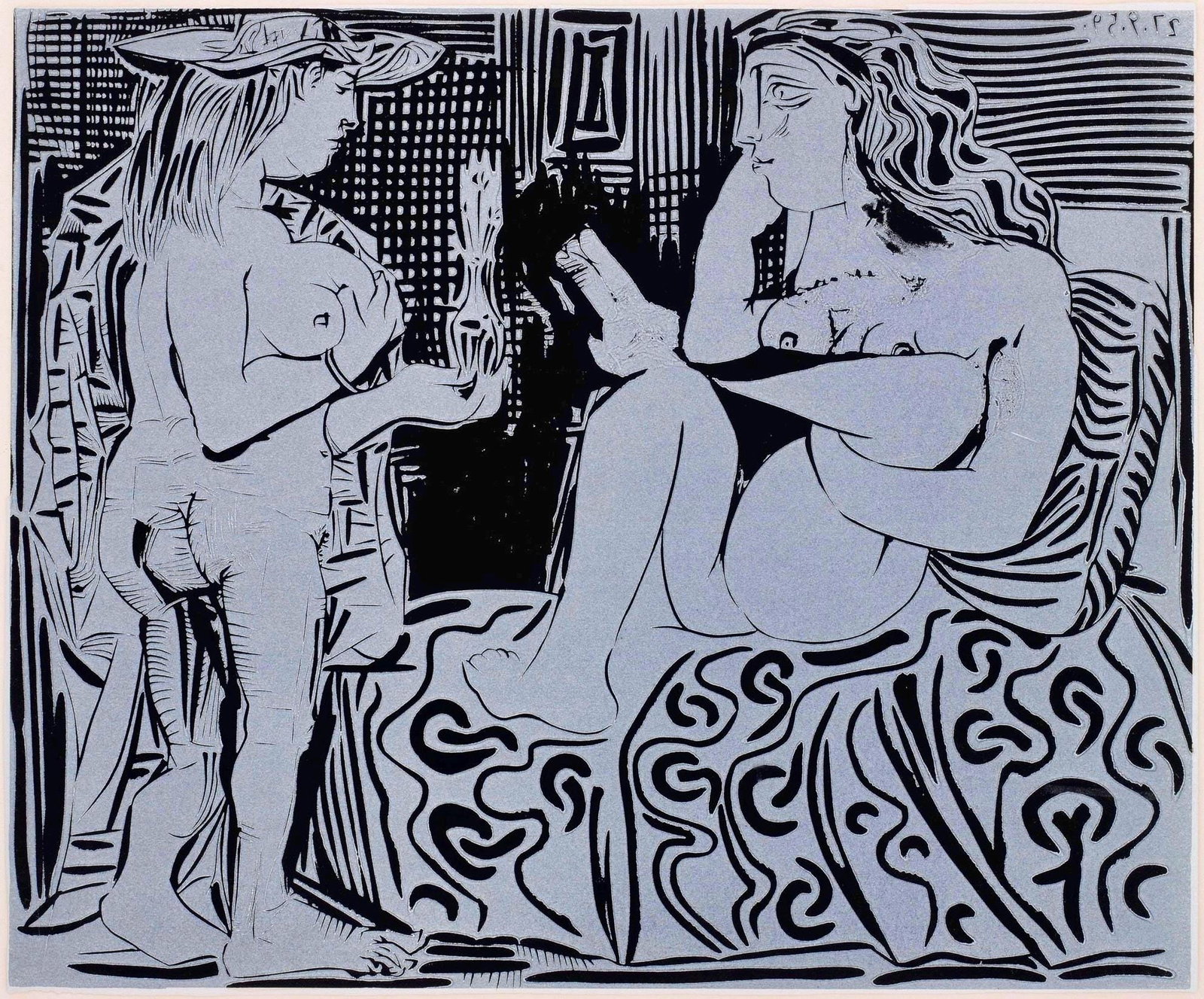Pablo Picasso, Deux femmes (Orozco 214), Grabados al linoleo, Limited Edition Linocut: Linocut on velin paper. Paper Size: 12.5 x 14.5 inches; image size: 10.5 x 12.75 inches. Inscription: Unsigned and unnumbered, as issued. Catalogue raisonne reference: Orozco, M. (2018). Picasso. 70 y