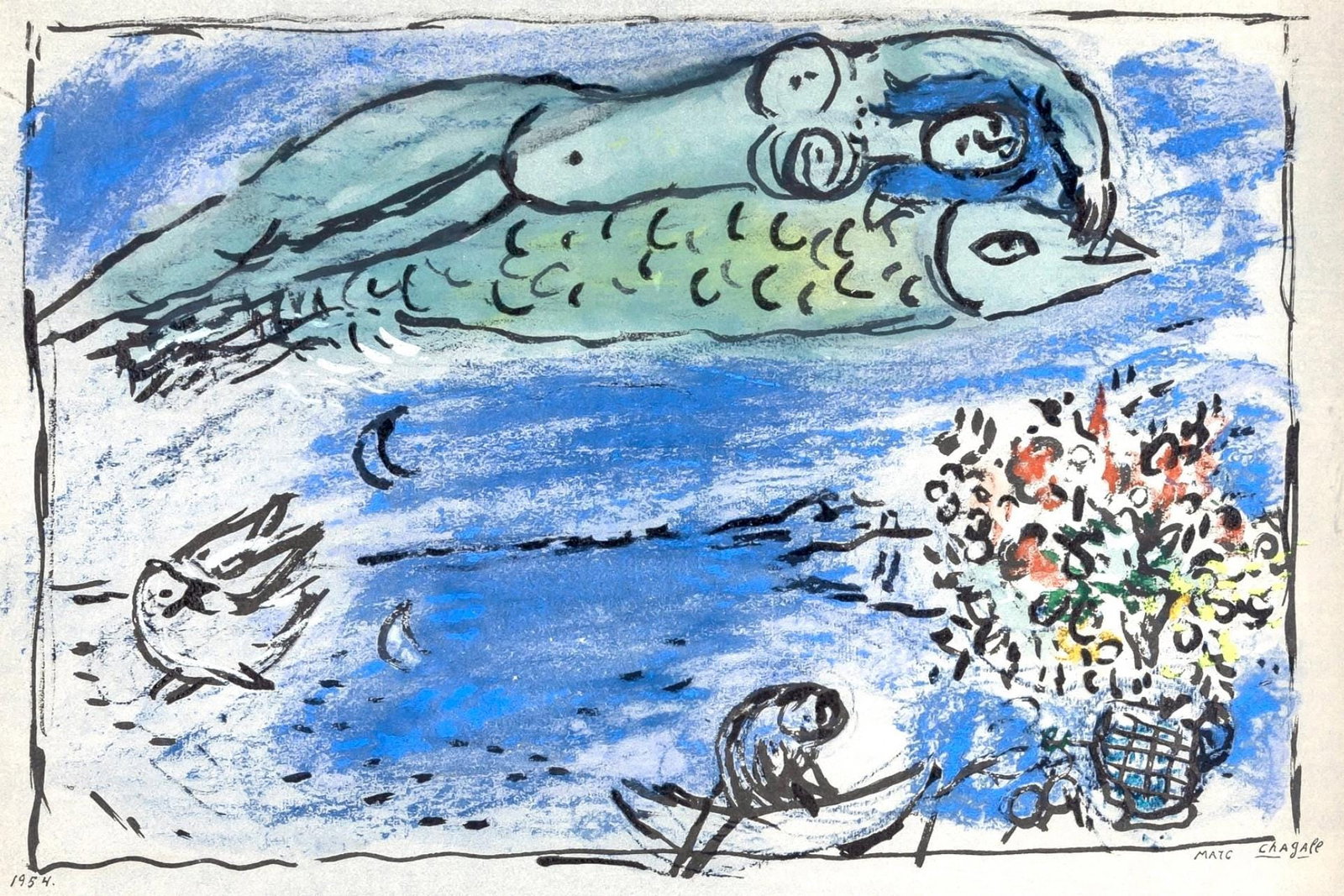 Marc Chagall, Composition, Couleur amour, Limited Edition Lithograph: Lithograph and stencil on velin papier a la cuve du Moulin Richard de Bas specialement filigrane pour cette edition paper. Paper size: 15.75 x 19.69 inches. Excellent condition. Signed in the plate