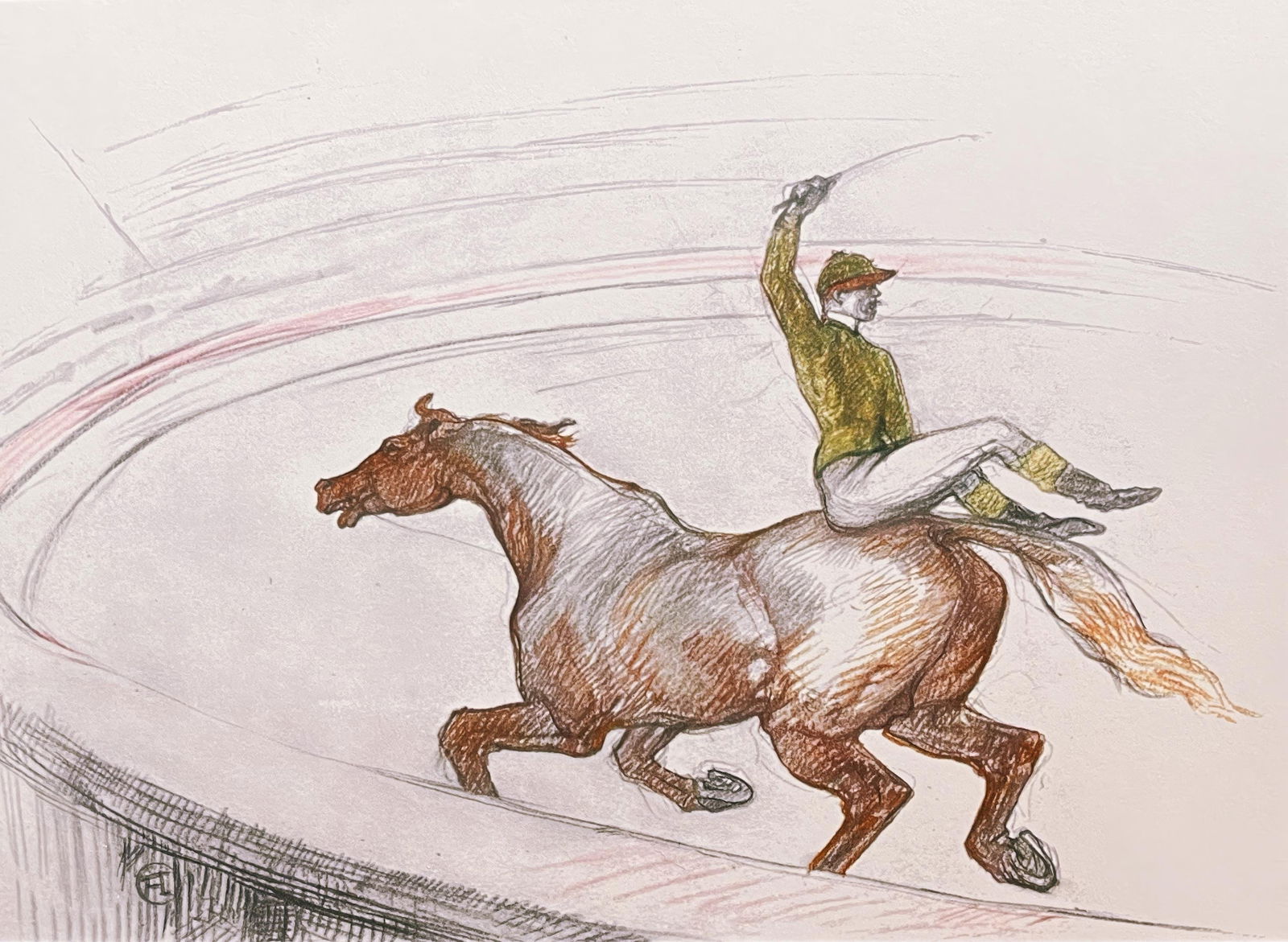 Henri de Toulouse-Lautrec, Jockey, Limited Edition Lithograph, 1967: This exquisite lithograph by Henri de Toulouse-Lautrec (1864-1901), titled Jockey, from the folio Henri de Toulouse-Lautrec, A Suite of Color Drawings at the Circus, originates from the 1967 edition