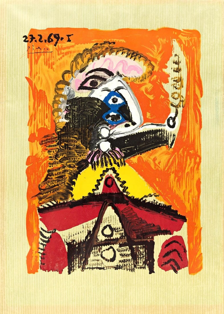 Pablo Picasso, Composition (Orozco 207-261), Vingt-Neuf Portraits Imaginaires, Limited Edition: Lithograph on velin d'Arches paper. Paper size: 25.75 x 19.625 inches. Excellent condition. Signed in the plate, as issued. Notes: From the folio, Picasso, Vingt-Neuf Portraits Imaginaires, 1969. Publ