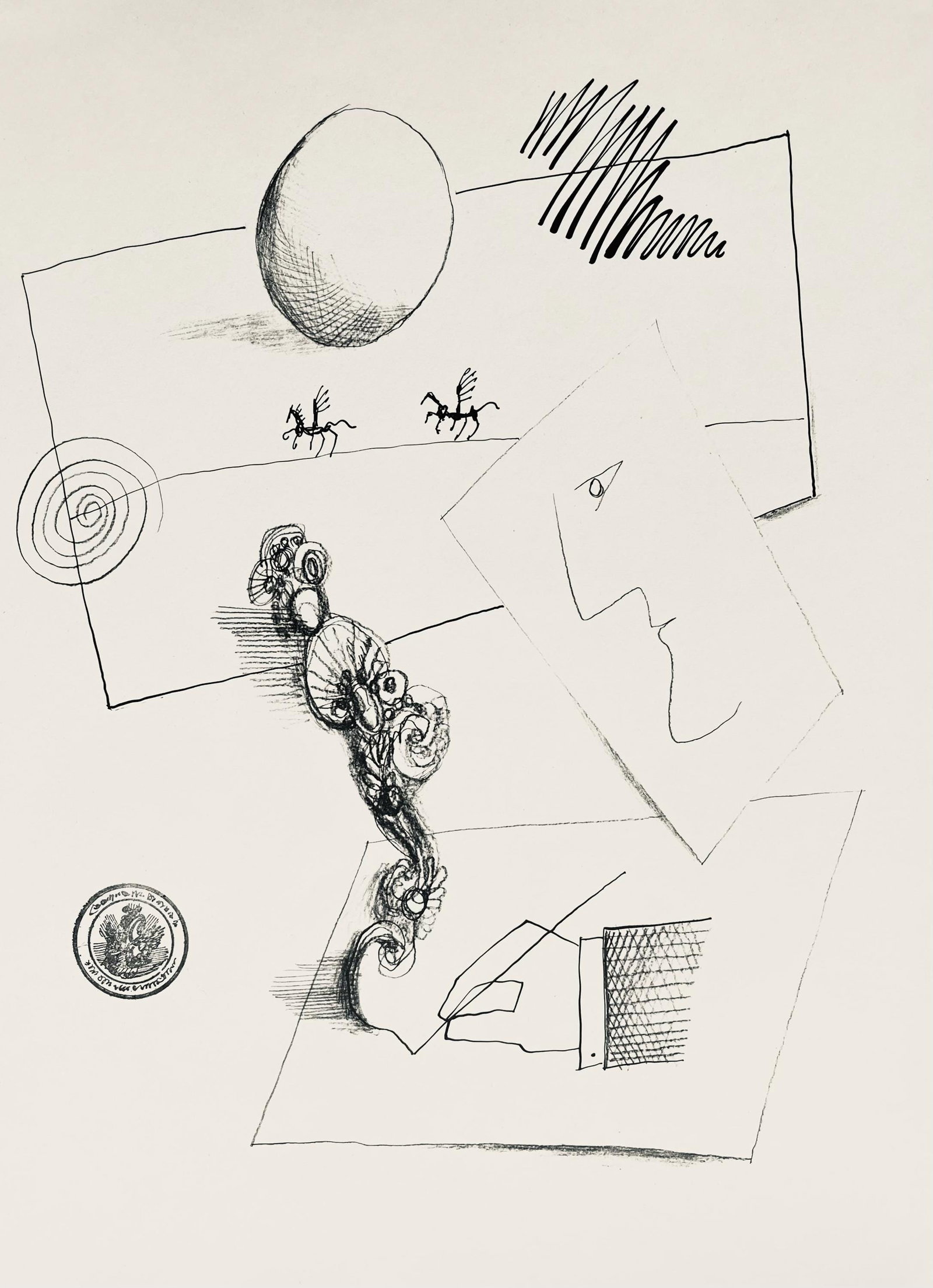 Saul Steinberg, Composition, Derriere le miroir, Limited Edition Lithograph: Lithograph on velin paper. Paper Size: 15 x 11 inches. Excellent condition. Inscription: Unsigned and unnumbered, as issued. Notes: From Derriere le miroir, N deg 157, 1966. Published by Aime Maeght,