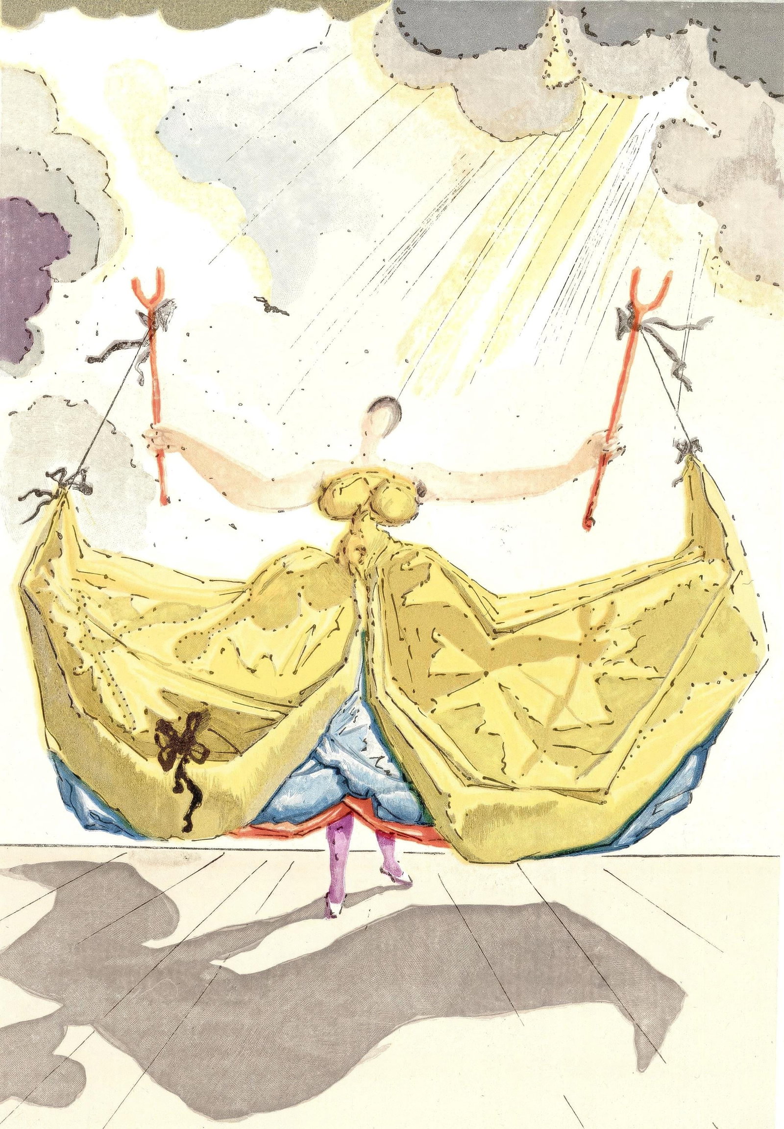 Salvador Dali, Untitled, from The Three-Cornered Hat, Limited Edition Engraving, 1958: This exquisite engraving by Salvador Dali (1904-1989), titled Sans titre (Untitled), from the folio Le Tricorne (The Three-Cornered Hat), originates from the 1958 edition published by Editions du Roch