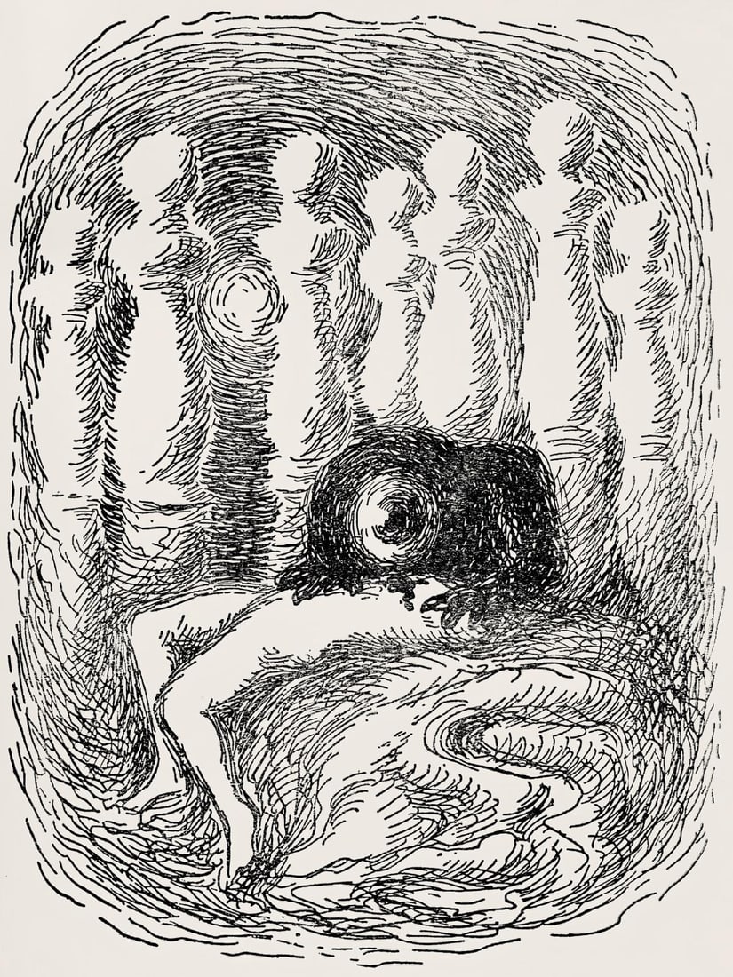 Rene Magritte, Composition, Les chants de Maldoror, Limited Edition Lithograph: Lithograph on velin papier pur chiffon paper. Paper Size: 10 x 7.375 inches. Excellent condition. Inscription: Unsigned and unnumbered, as issued. Notes: From the album, Les chants de Maldoror, illust