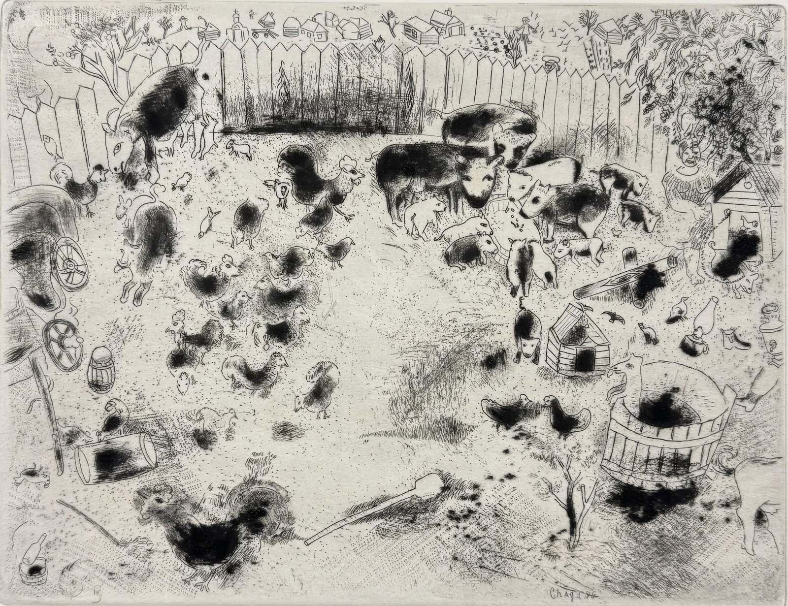 Marc Chagall, The Farmyard, from Dead Souls, Limited Edition Etching, 1923-1927: This exquisite etching by Marc Chagall (1887-1985), titled La basse-cour (The Farmyard), originates from the celebrated folio Nicolas Gogol, Les Ames mortes, Eaux-fortes originales de Marc Chagall (Ni