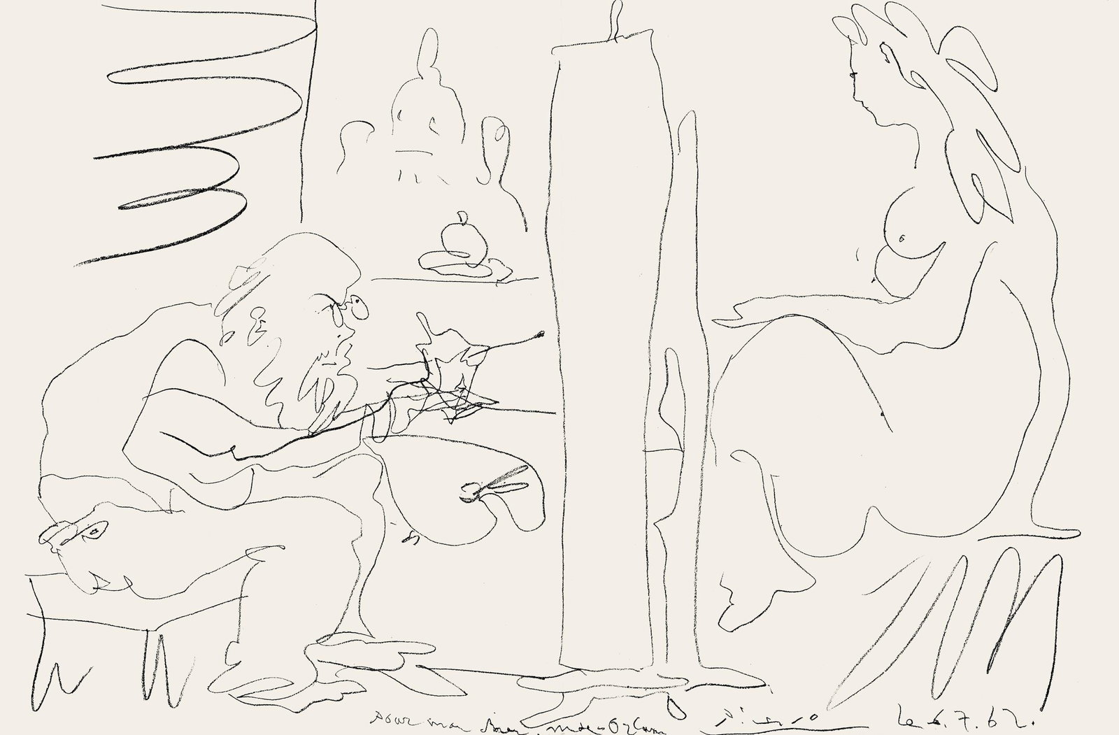 Pablo Picasso, Le Peintre et son Modele (Mourlot 355; Bloch 1036), Regards sur Paris, Limited: Lithograph on velin d'Arches paper. Paper size: 15.5 x 24 inches. Excellent condition, with centerfold, as issued. Inscription: unsigned and unnumbered, as issued. Notes: from the folio, Regards sur P