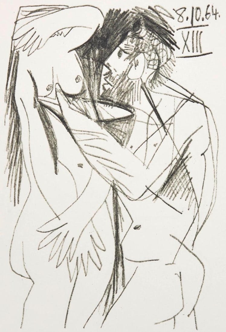 Pablo Picasso, 8.10.64. XIII (Cramer 148), Le Gout du Bonheur, Limited Edition Mixed Media: Lithograph and silkscreen with grease crayon, lithographic tusche, lead pencil, charcoal on velin d'Arches paper. Paper size: 12.8 x 9.84 inches. Inscription: Unsigned and unnumbered, as issued. Catal