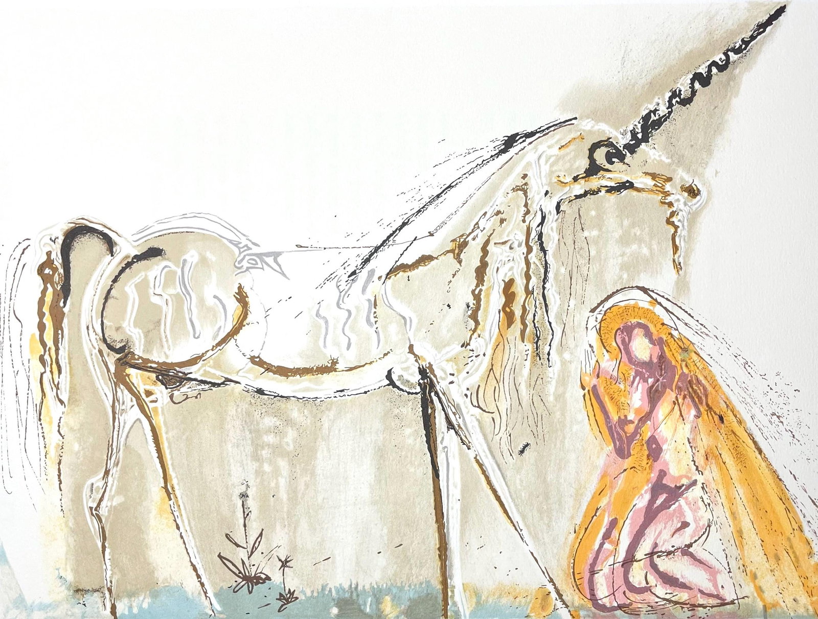 Salvador Dali, La Licorne, Les Chevaux de Dali, Fac-simile Signed, Limited Edition Lithograph: Lithograph in colors on pur chiffon velin d'Arches paper. Paper size: 14.37 x 22.24 inches. Inscription: Fac-simile signed and unnumbered, as issued. Condition: Very good/excellent, consistent with ag