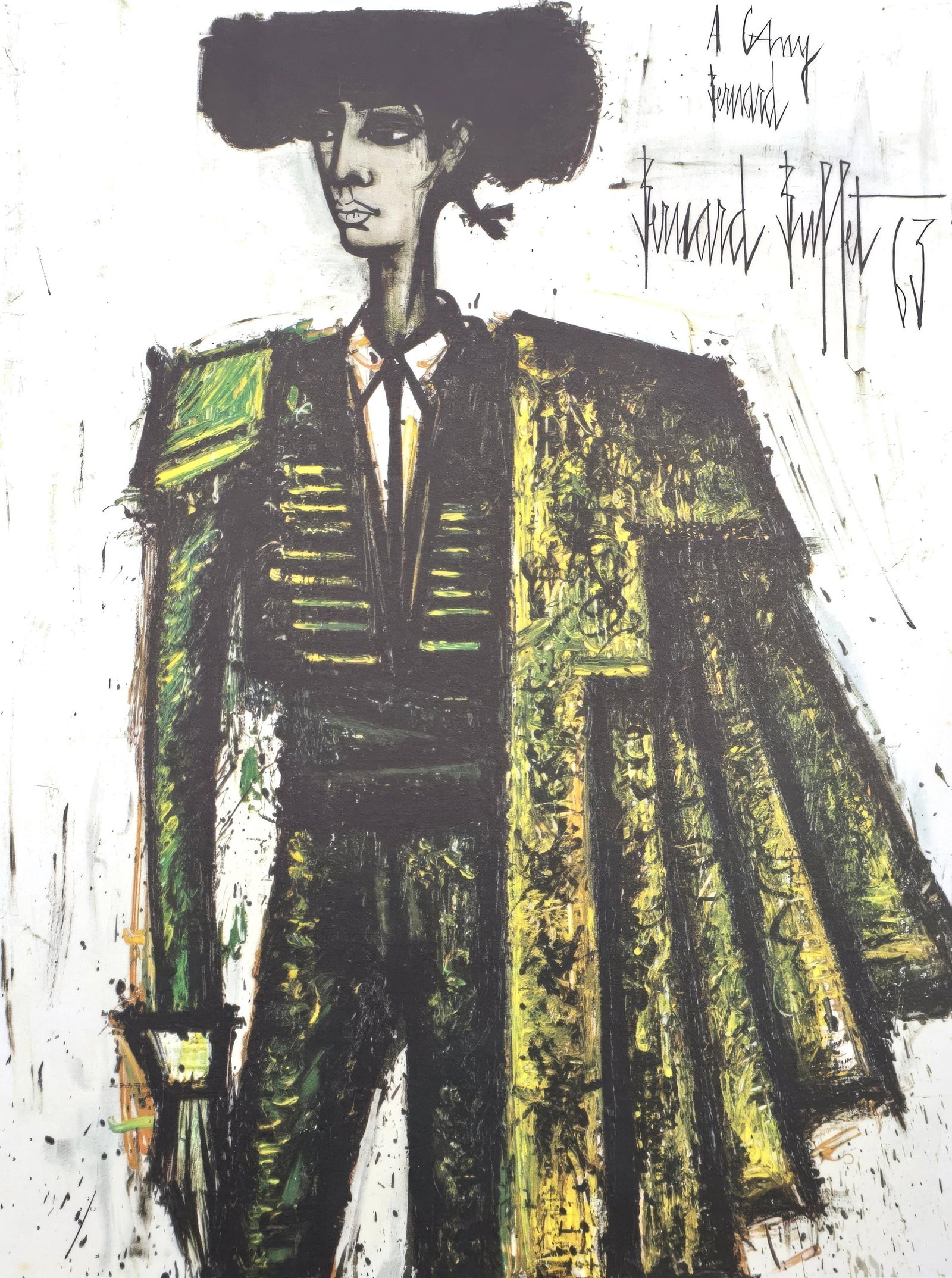 Bernard Buffet, Bullfighter, from Painters of Today, Limited Edition Heliogravure, 1966: This exquisite heliogravure by Bernard Buffet (1928-1999), titled Torero (Bullfighter), from the folio Bernard Buffet, Peintres d'aujourd'hui (Bernard Buffet, Painters of Today), originates from the 1